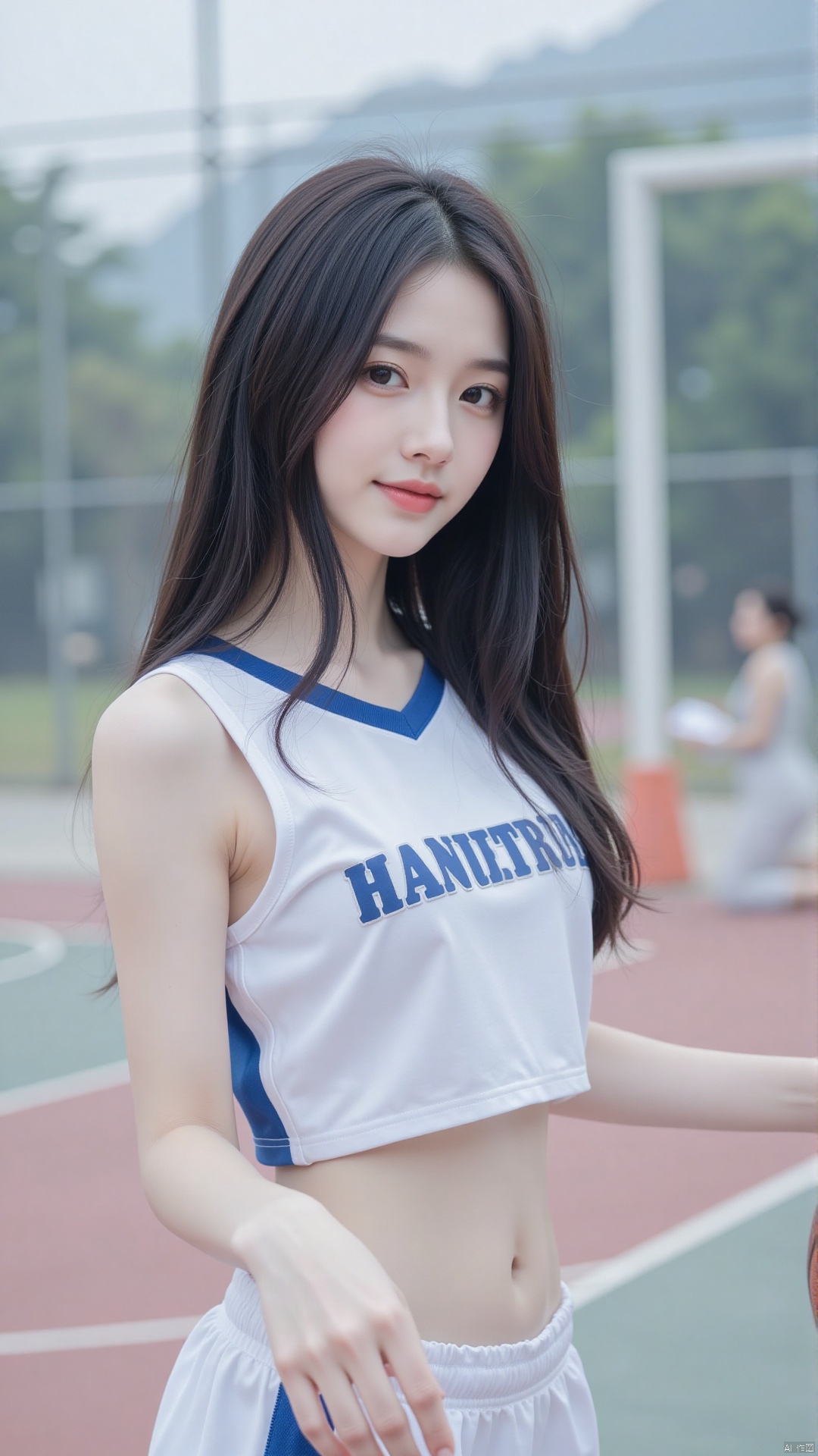 Character: a young Chinese woman playing basketball, white blue sport suit, Gazing at the camera with a soft, serene expression, long black hair, smile, yunyun
Environment: basketball court. 
Atmosphere: peaceful and serene. 
Quality: masterpiece, high quality, fine details, natural lighting, soft light diffused by mist. best quality,masterpiece
