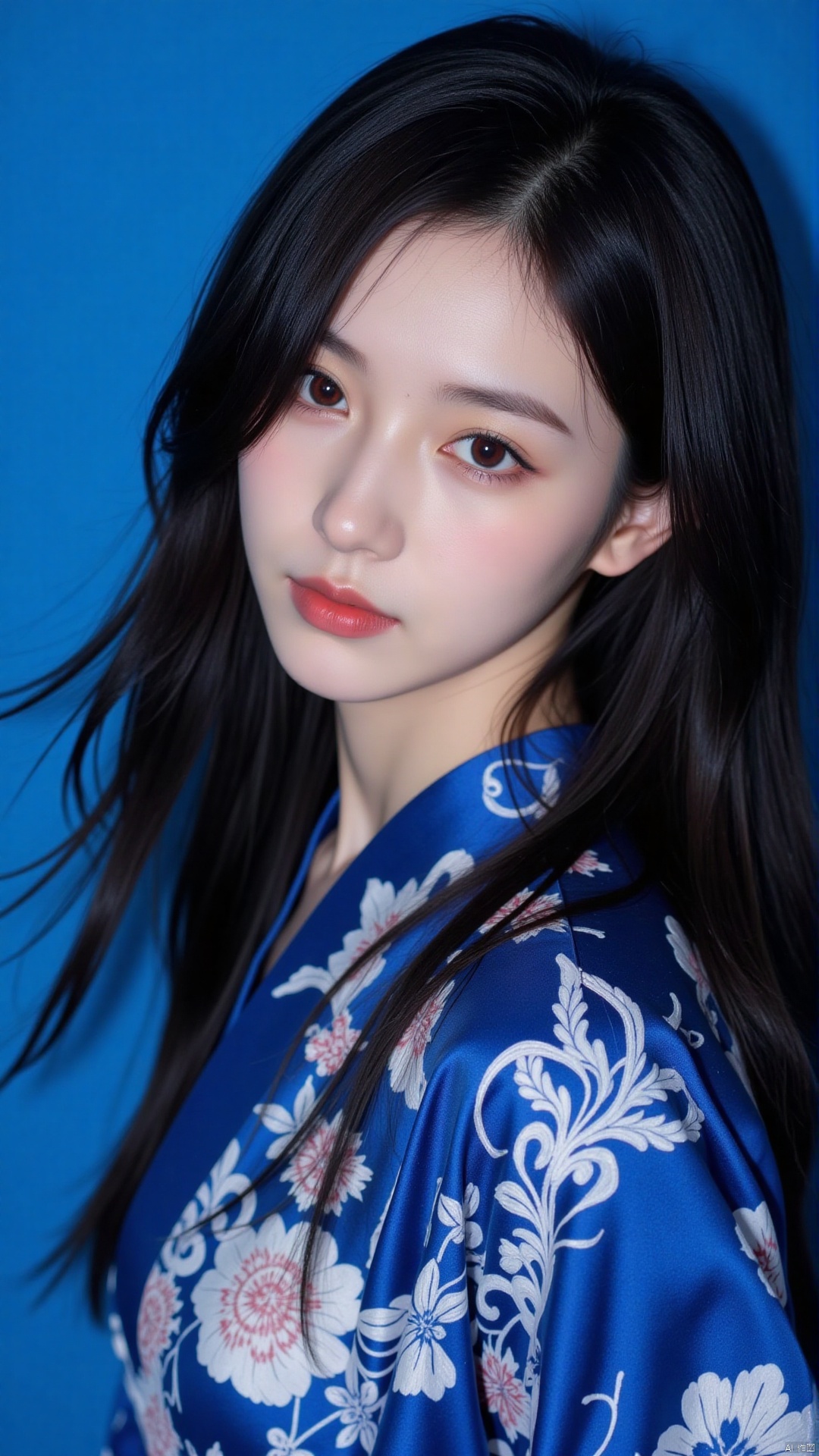 Close-up of an Asian woman with long black hair. Dressed in a blue kimono, decorated with intricate designs. The woman's face is adorned with bright red eyes, adding a pop of color to the scene. The background is a vibrant blue that contrasts nicely with the women's attire. The outfit is embellished with intricate patterns adding synthetic depth.
