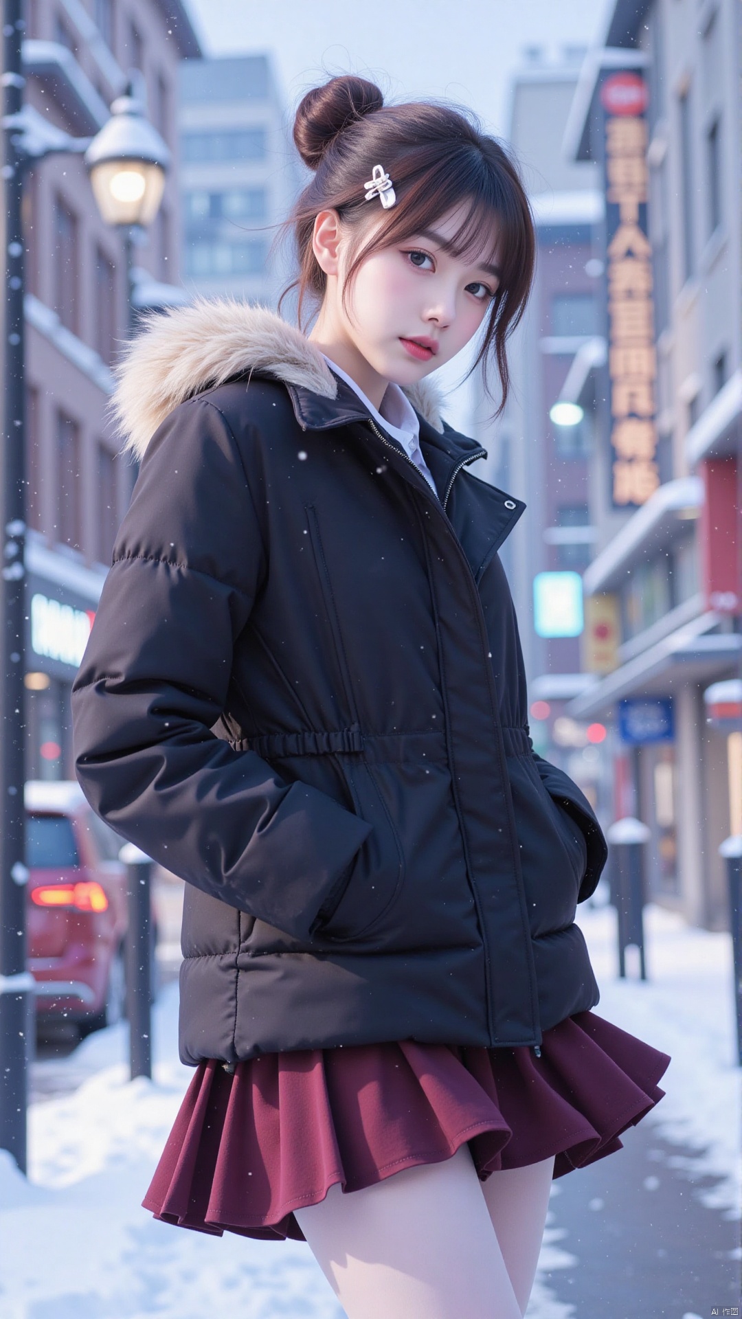 masterpiece,best quality,high quality,(colorful),1girl, solo, looking at viewer, (white_pantyhose:1.4), updo, blunt_bangs, hairpin, winter_coat, black_coat, miniskirt, dark_red_skirt, pleated skirt, standing, town, snow, winter