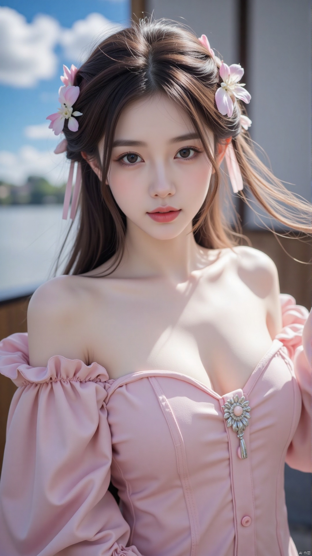 Very detailed face, extremely detailed eyes and face, (vacuum), 8K wallpaper, light leak, beautiful and detailed girl, extremely detailed CGUnity8K wallpaper, an extremely detailed and beautiful, beautiful and detailed eyes, masterpiece, best quality, Real photo level, (frontal shooting panoramic perspective), ( (Full body photo)), dynamic angle, dynamic pose, solo, ancient style silver hairpin with petals, blue sky and white clouds, (C cup), (huge round breasts), slender legs, super good figure, stunning beauty, (whole body in the mirror) , (wearing Lolita nightgown), (light reflects the shadow of the body through the clothes),vacuum,bare and smooth