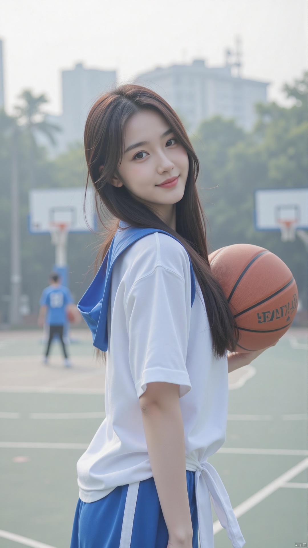 Character: a young Chinese woman playing basketball, white blue sport suit, Gazing at the camera with a soft, serene expression, long black hair, smile, yunyun
Environment: basketball court. 
Atmosphere: peaceful and serene. 
Quality: masterpiece, high quality, fine details, natural lighting, soft light diffused by mist. best quality,masterpiece
