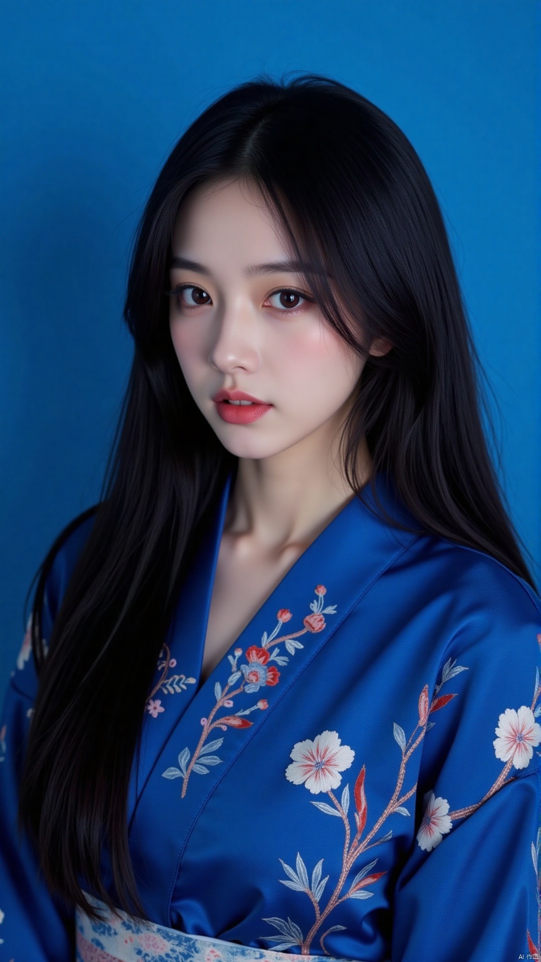 Close-up of an Asian woman with long black hair. Dressed in a blue kimono, decorated with intricate designs. The woman's face is adorned with bright red eyes, adding a pop of color to the scene. The background is a vibrant blue that contrasts nicely with the women's attire. The outfit is embellished with intricate patterns adding synthetic depth.