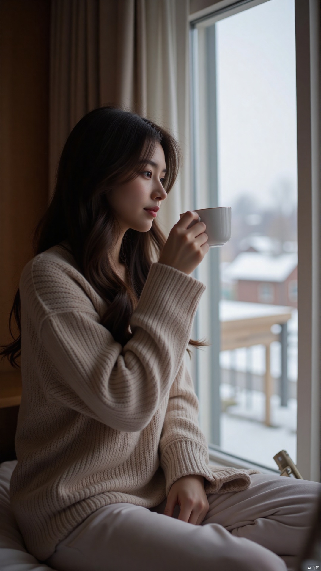 A portrait of a woman with long, wavy brown hair, wearing a comfortable sweater and pajamas, contentedly drinking tea while looking out the window at a snowy landscape from her cozy bedroom. The bedroom is decorated in a warm and inviting style. The overall mood is peaceful and comforting, highlighting the simple pleasures of a quiet evening at home. High resolution, 8k, soft lighting, hyperrealistic, photorealistic, detailed textures, shallow depth of field, lifestyle photography, everyday life, winter, bedroom, trending on artstation.