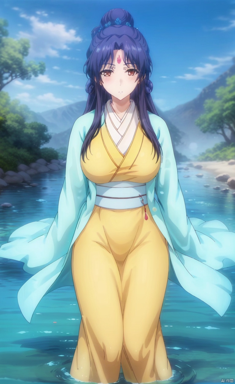 1girl, solo, long hair, black hair, hair ornament, brown eyes,
closed mouth, braid, flower, outdoors, sky, day,
portrait, forehead mark,,portrait, forehead mark,
Hair bun and garden hairstyle,
Hair bun,Mid cut bangs,
Two circular braids,SilverHairpin,
Big breasts, big breasts, Lying in the water, lying supine in the water, with lotus flowers in the water, characters in the center of the water, ancient costumes, Hanfu, Chinese clothing, barefoot, belt, shy blush, red cheeks,