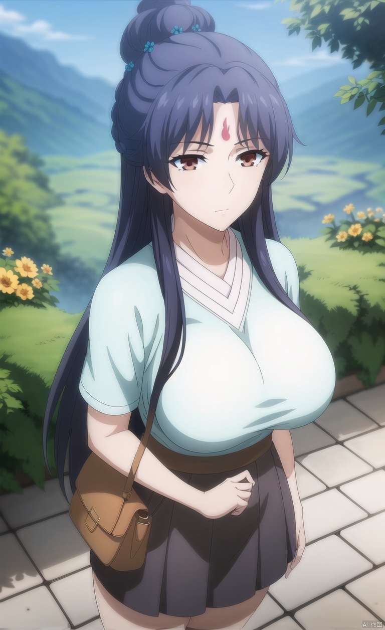 1girl, solo, long hair, black hair, hair ornament, brown eyes,
closed mouth, braid, flower, outdoors, sky, day,
portrait, forehead mark,,portrait, forehead mark,
Hair bun and garden hairstyle,
Hair bun,Mid cut bangs,
Two circular braids,SilverHairpin,
Big breasts, big breasts, Big breasts, big breasts, hands on hips,
Urban background, T-shirt top, short sleeved T-shirt, short skirt, skirt, black stockings, black stockings, shoulder bag,