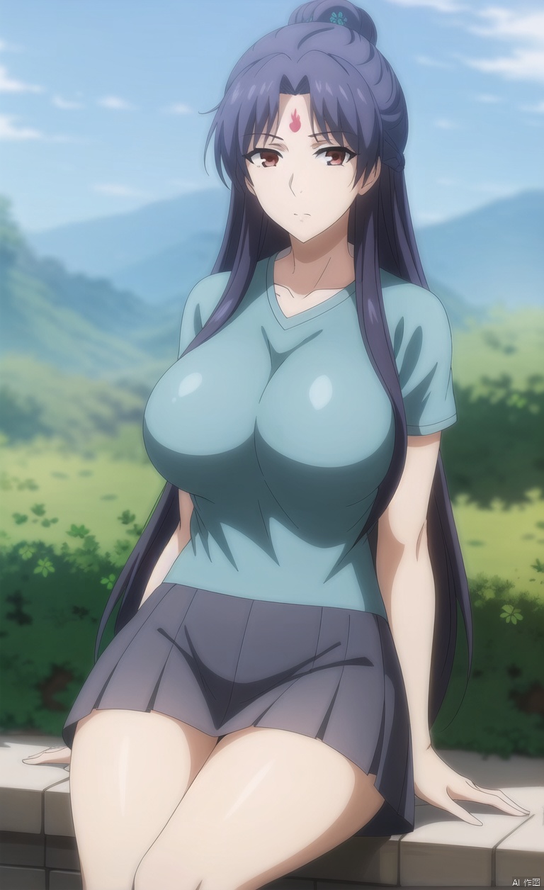 1girl, solo, long hair, black hair, hair ornament, brown eyes,
closed mouth, braid, flower, outdoors, sky, day,
portrait, forehead mark,,portrait, forehead mark,
Hair bun and garden hairstyle,
Hair bun,Mid cut bangs,
Two circular braids,SilverHairpin,
Big breasts, big breasts, Big breasts, big breasts, hands on hips,Sitting on the stairs, legs bent,

Urban background, T-shirt top, short sleeved T-shirt, short skirt, skirt, black stockings, black stockings, shoulder bag,