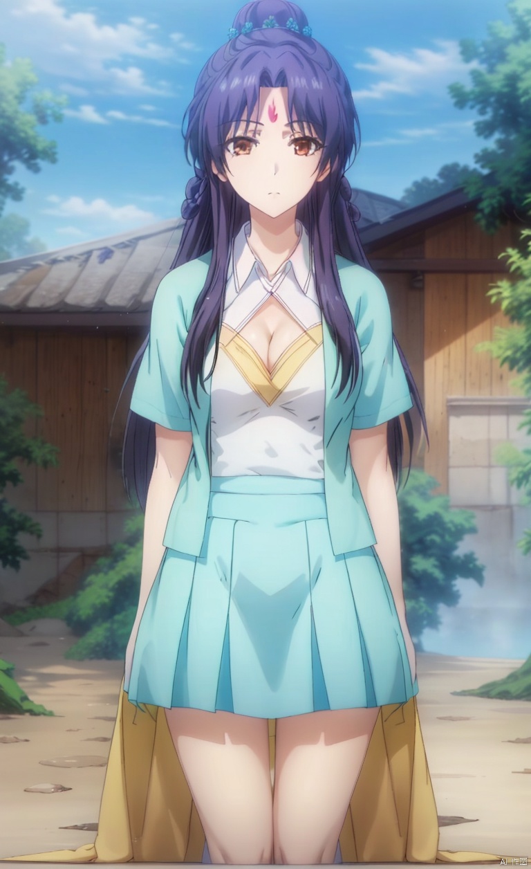 1girl, solo, long hair, black hair, hair ornament, brown eyes,
closed mouth, braid, flower, outdoors, sky, day,
portrait, forehead mark,,portrait, forehead mark,
Hair bun and garden hairstyle,
Hair bun,Mid cut bangs,
Two circular braids,SilverHairpin,
,cleavage,Cheerleader uniform, red bow tied around the neck, white shirt short sleeved, purple short leather jacket, purple checkered medium skirt, checkered skirt, white socks, knee high socks, sports shoes, dancing, jumping, on the playground,