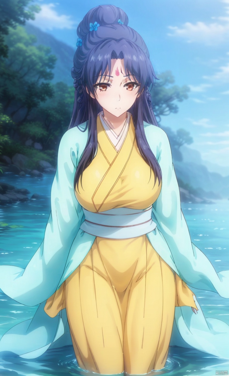 1girl, solo, long hair, black hair, hair ornament, brown eyes,
closed mouth, braid, flower, outdoors, sky, day,
portrait, forehead mark,,portrait, forehead mark,
Hair bun and garden hairstyle,
Hair bun,Mid cut bangs,
Two circular braids,SilverHairpin,
Big breasts, big breasts, Lying in the water, lying supine in the water, with lotus flowers in the water, characters in the center of the water, ancient costumes, Hanfu, Chinese clothing, barefoot, belt, shy blush, red cheeks,