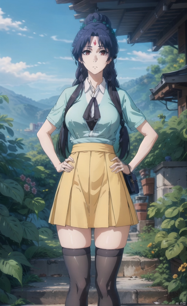 1girl, solo, long hair, black hair, hair ornament, brown eyes,
closed mouth, braid, flower, outdoors, sky, day,
portrait, forehead mark,,portrait, forehead mark,
Hair bun and garden hairstyle,
Hair bun,Mid cut bangs,
Two circular braids,SilverHairpin,
, big breasts, hands on hips,Sitting on the stairs, legs bent,

Urban background, T-shirt top, short sleeved T-shirt, short skirt, skirt, black stockings, black stockings, shoulder bag,
