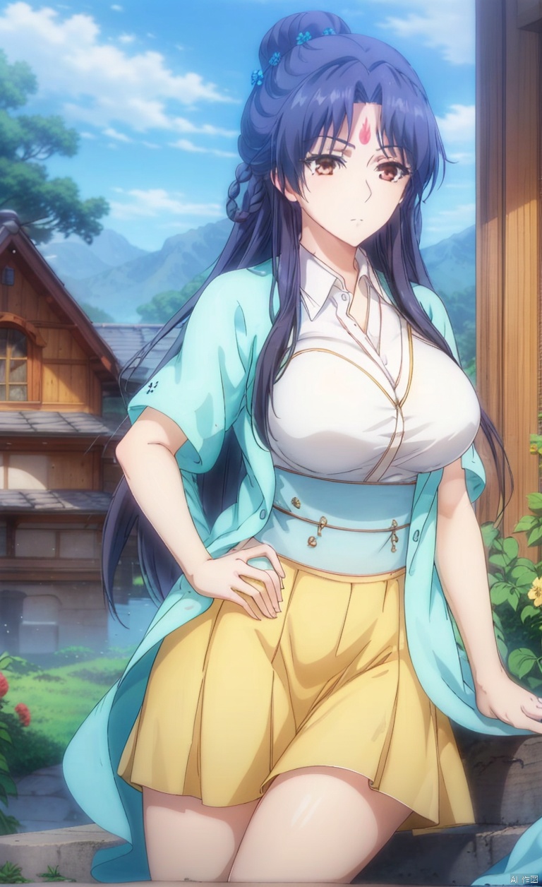 1girl, solo, long hair, black hair, hair ornament, brown eyes,
closed mouth, braid, flower, outdoors, sky, day,
portrait, forehead mark,,portrait, forehead mark,
Hair bun and garden hairstyle,
Hair bun,Mid cut bangs,
Two circular braids,SilverHairpin,
, big breasts, hands on hips,Sitting on the stairs, legs bent,

Urban background, T-shirt top, short sleeved T-shirt, short skirt, skirt, black stockings, black stockings, shoulder bag,