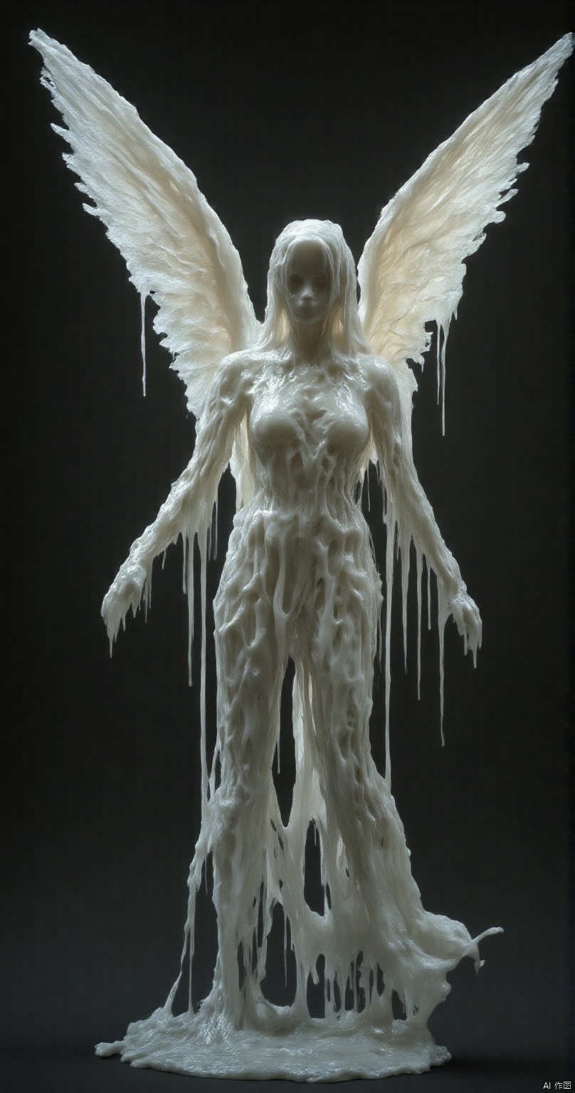 female dark angel. Swort, 
best quality, sharp focus, high contrast, stylized, dark, clear, surreal, ultra quality, 8k, best quality, vivid color, masterpiece, max details, from below, from the front, aidmaDarkfantasy, hkmagic,CREAM WHITE SLIME,