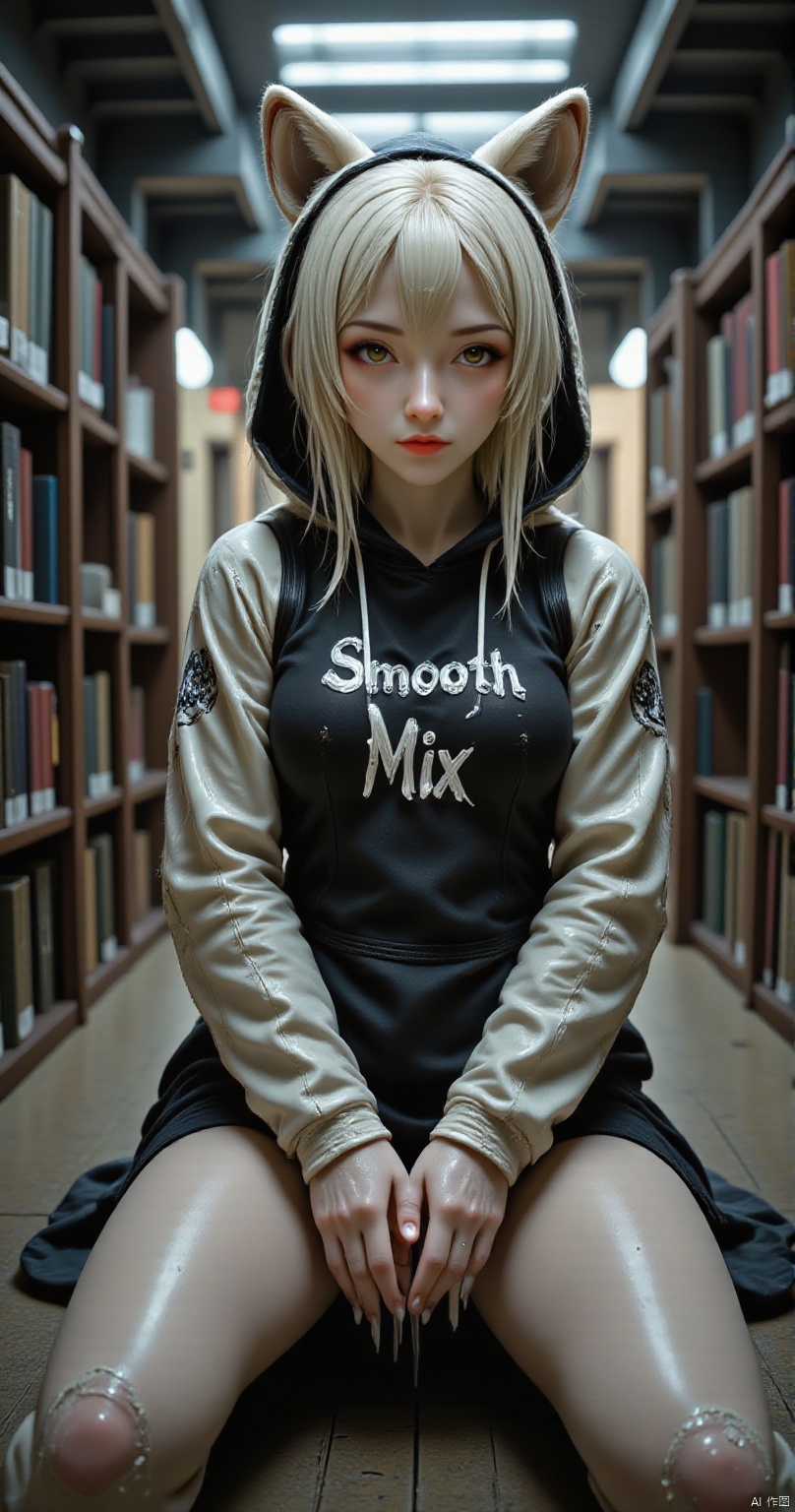 vibrant, highly detailed, award-winning, professional. 1girl, goth girl, solo,pale skin,long hair,detailed hands, fox jacket, hoodie with fox ears, hood up, clothes writing, text on clothes: "Smooth Mix", short hair, sitting, looking at viewer, long sleeves, yellow eyes, indoors, library, scenery, dutch angle,fisheye,from below, sneakers, , ultra realistic, masterpiece, high detailed skin,elf,,CREAM WHITE SLIME,