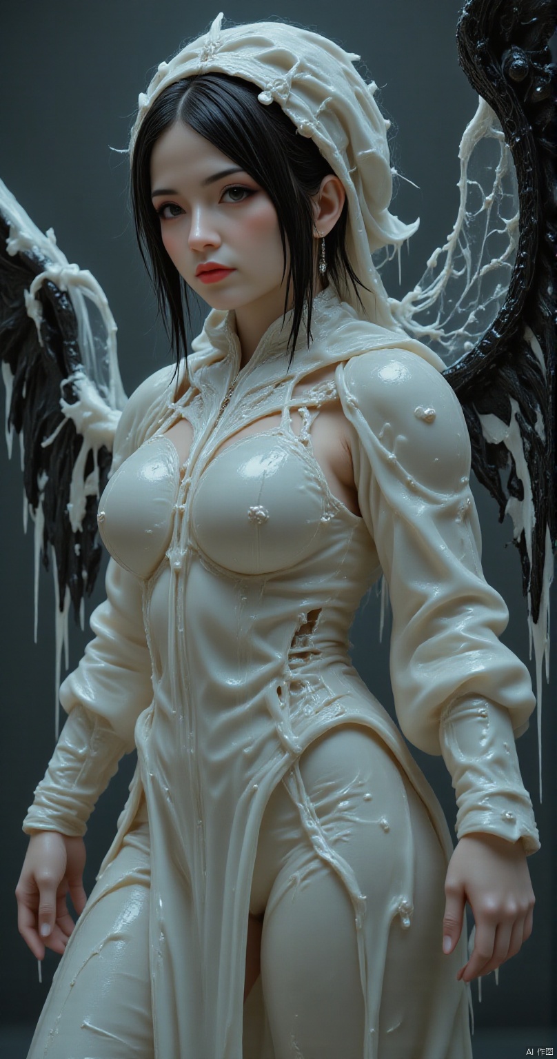 female dark angel. Swort, 
best quality, sharp focus, high contrast, stylized, dark, clear, surreal, ultra quality, 8k, best quality, vivid color, masterpiece, max details, from below, from the front, aidmaDarkfantasy, hkmagic,CREAM WHITE SLIME,