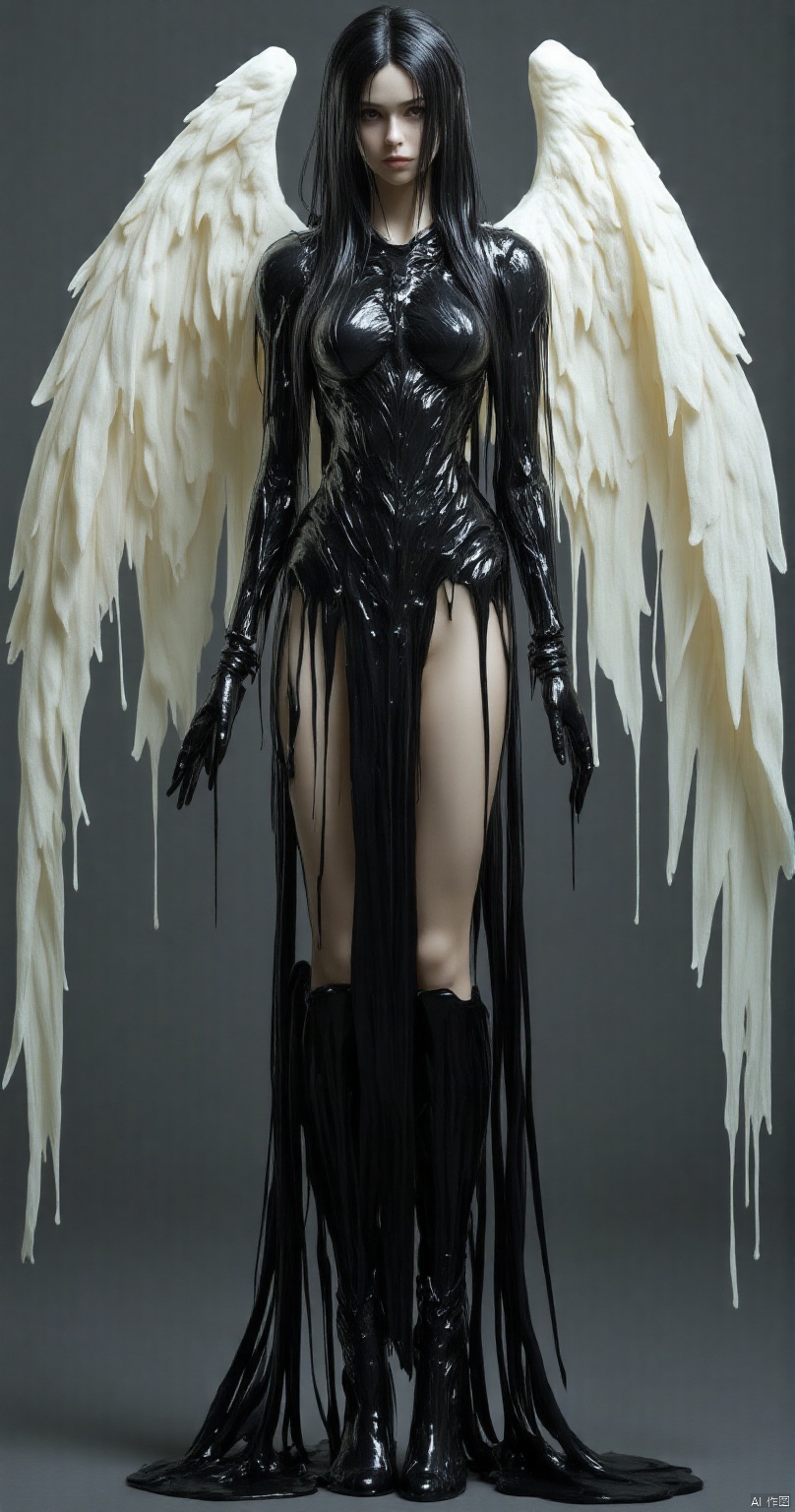 female dark angel. Swort, 
best quality, sharp focus, high contrast, stylized, dark, clear, surreal, ultra quality, 8k, best quality, vivid color, masterpiece, max details, from below, from the front, aidmaDarkfantasy, hkmagic,CREAM WHITE SLIME,