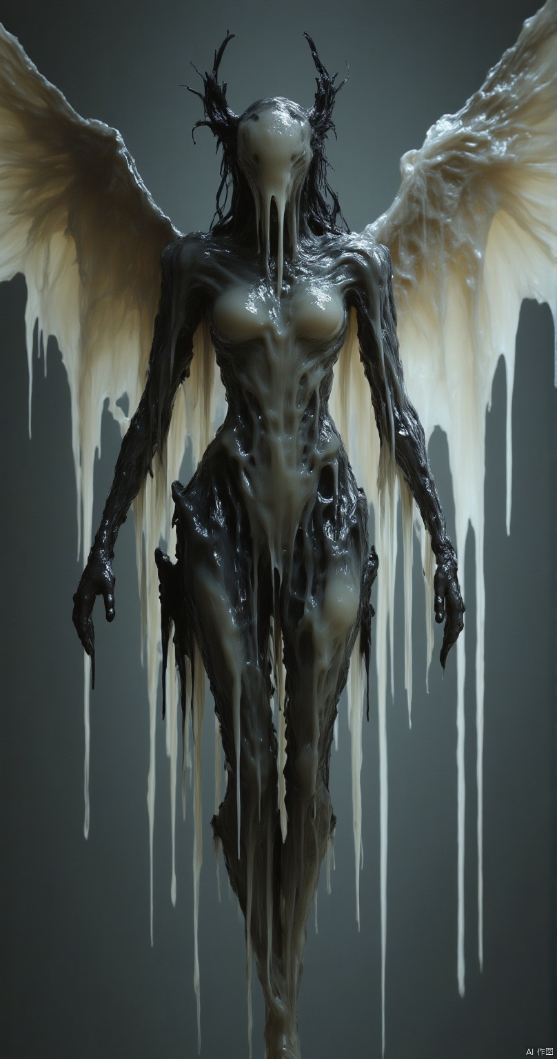 female dark angel. Swort, 
best quality, sharp focus, high contrast, stylized, dark, clear, surreal, ultra quality, 8k, best quality, vivid color, masterpiece, max details, from below, from the front, aidmaDarkfantasy, hkmagic,CREAM WHITE SLIME,