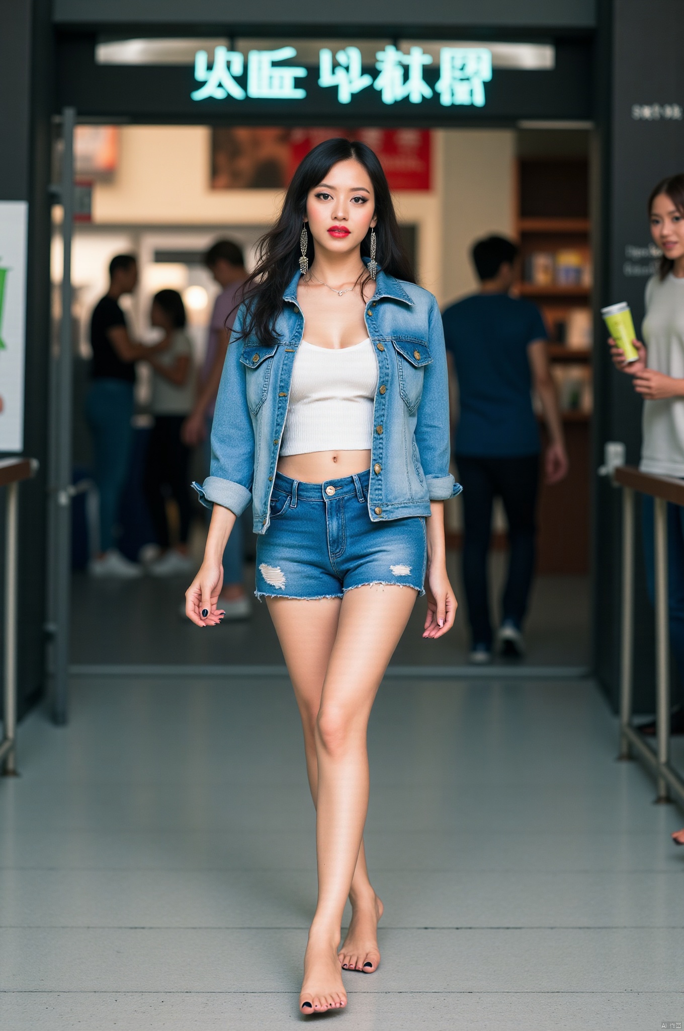 A girl, standing tall at 175cm with a stunning physique, is a model walking at the entrance of the Wanda Cinema. Her Korean-style makeup accentuates her beautiful face, while red lips and dangling earrings add a touch of allure. She is wearing a denim jacket paired with a white top and denim shorts, barefoot. Without shoes, her feet are painted with black nail polish. The model is at the entrance of the Wanda Cinema, with people in the background purchasing popcorn. Framed from the  front, the composition guides the viewer’s eye along her long legs and bare feet, highlighted by soft shadows and subtle lighting.,Japanese.