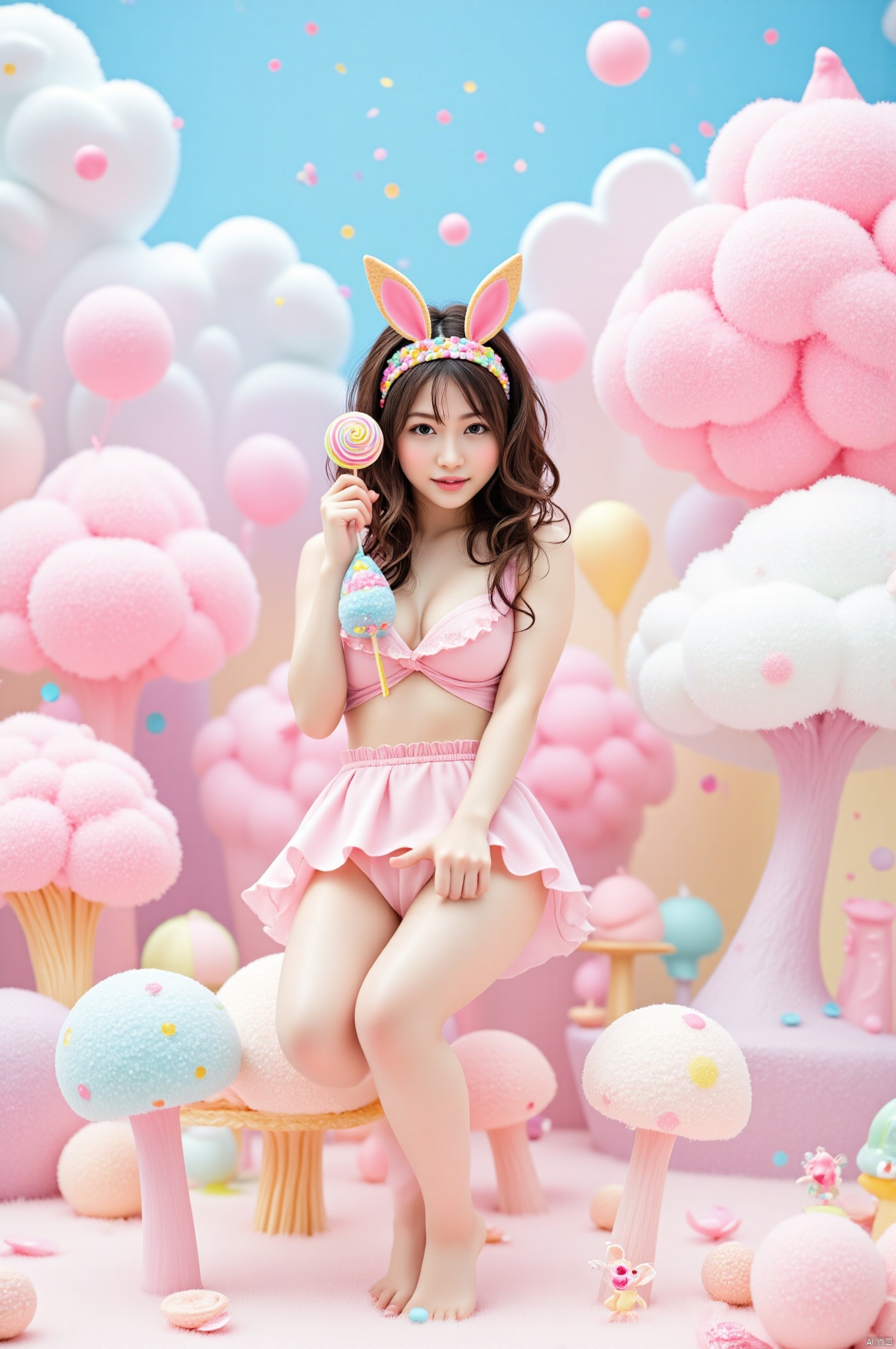 Create an enchanting fantasy landscape featuring a cheerful young asian woman in a pink bikini and a frilly skirt, playfully standing with her back to the viewer while holding a colorful swirl lollipop. She has long, wavy hair adorned with a headband that has cute, cookie-shaped bunny ears. The background is filled with oversized, fluffy pink cotton candy trees, vibrant candy mountains, and whimsical mushroom-shaped structures. Scattered throughout the scene are cheerful pastel-colored candies and playful cartoon character figurines, all under a bright blue sky dotted with fluffy clouds and colorful confetti-like elements falling gently. The overall atmosphere is sweet, playful, and vibrant, evoking a sense of fun and fantasy.
 <segment:yolo-face_yolov8m.pt,0.6,0.5//cid=1>
<segment:yolo-Eyeful_v2-Individual.pt,0.6,0.5//cid=2>
<segment:hair,0.6,0.5//cid=3>,Japanese.