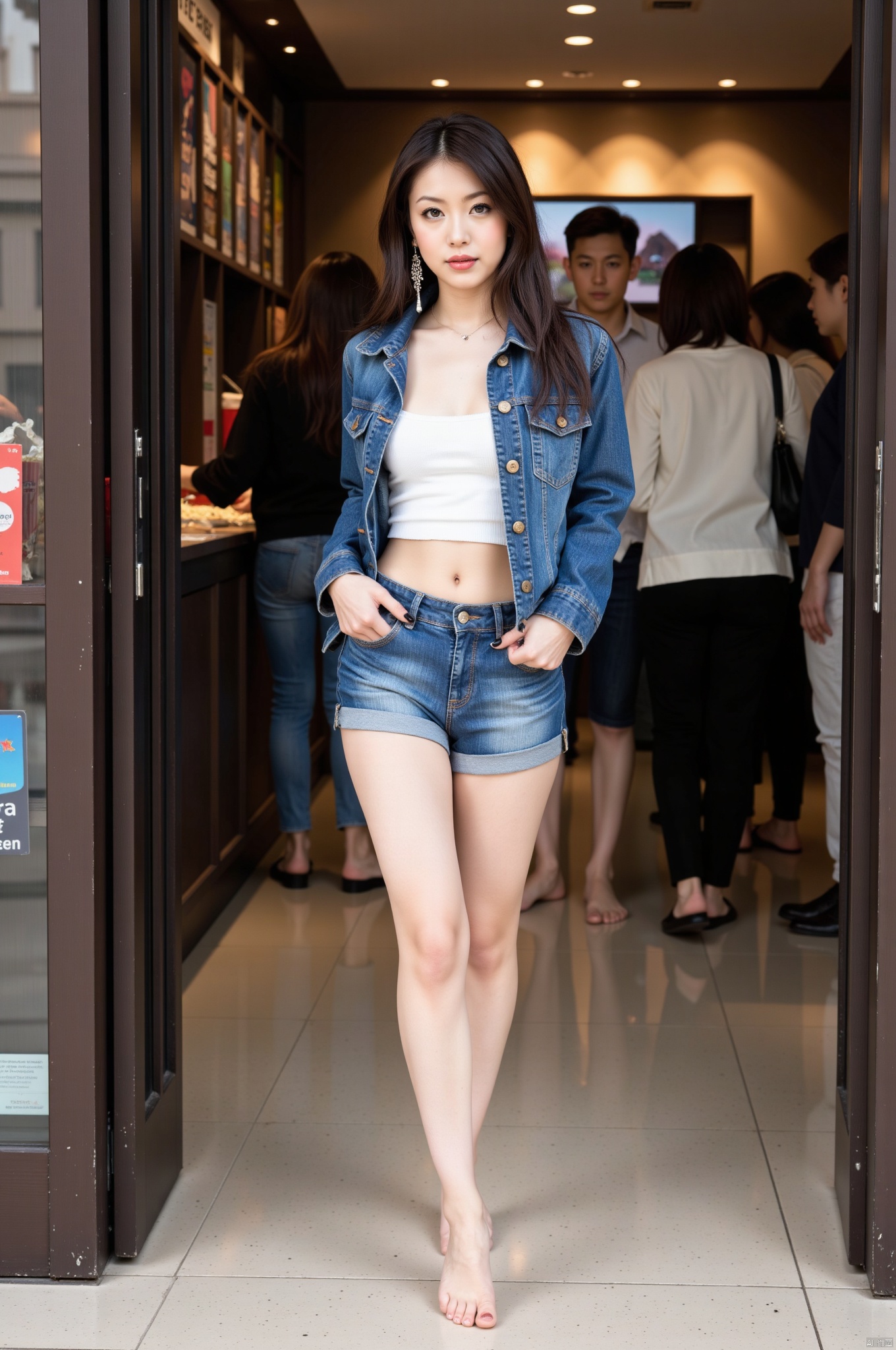 A girl, standing tall at 175cm with a stunning physique, is a model walking at the entrance of the Wanda Cinema. Her Korean-style makeup accentuates her beautiful face, while red lips and dangling earrings add a touch of allure. She is wearing a denim jacket paired with a white top and denim shorts, barefoot. Without shoes, her feet are painted with black nail polish. The model is at the entrance of the Wanda Cinema, with people in the background purchasing popcorn. Framed from the  front, the composition guides the viewer’s eye along her long legs and bare feet, highlighted by soft shadows and subtle lighting.,Japanese.