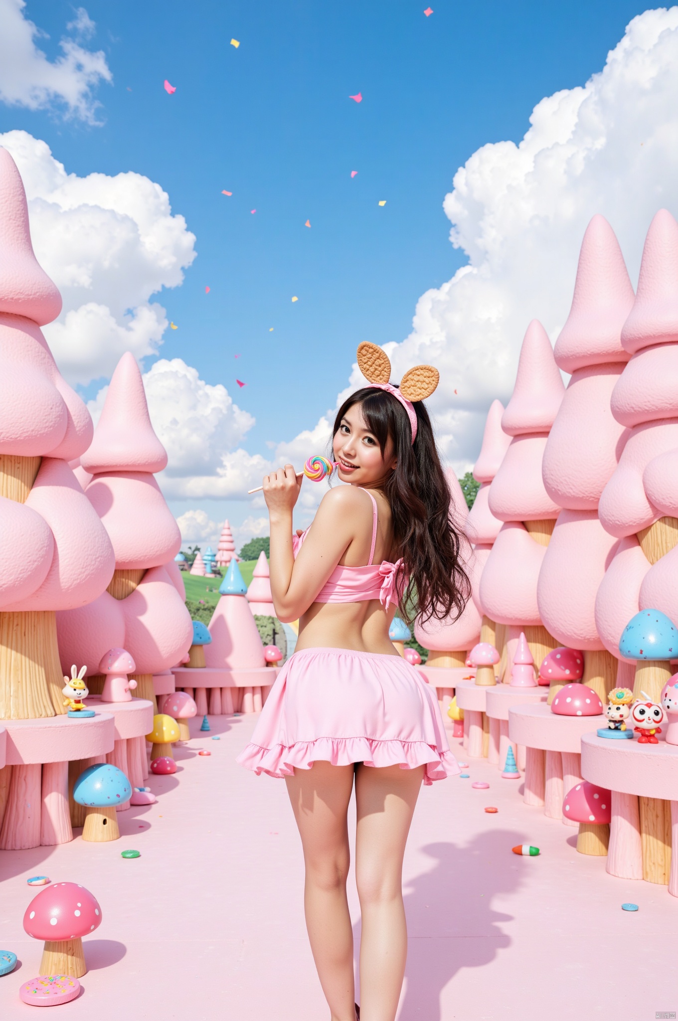 Create an enchanting fantasy landscape featuring a cheerful young asian woman in a pink bikini and a frilly skirt, playfully standing with her back to the viewer while holding a colorful swirl lollipop. She has long, wavy hair adorned with a headband that has cute, cookie-shaped bunny ears. The background is filled with oversized, fluffy pink cotton candy trees, vibrant candy mountains, and whimsical mushroom-shaped structures. Scattered throughout the scene are cheerful pastel-colored candies and playful cartoon character figurines, all under a bright blue sky dotted with fluffy clouds and colorful confetti-like elements falling gently. The overall atmosphere is sweet, playful, and vibrant, evoking a sense of fun and fantasy.
 <segment:yolo-face_yolov8m.pt,0.6,0.5//cid=1>
<segment:yolo-Eyeful_v2-Individual.pt,0.6,0.5//cid=2>
<segment:hair,0.6,0.5//cid=3>,Japanese.