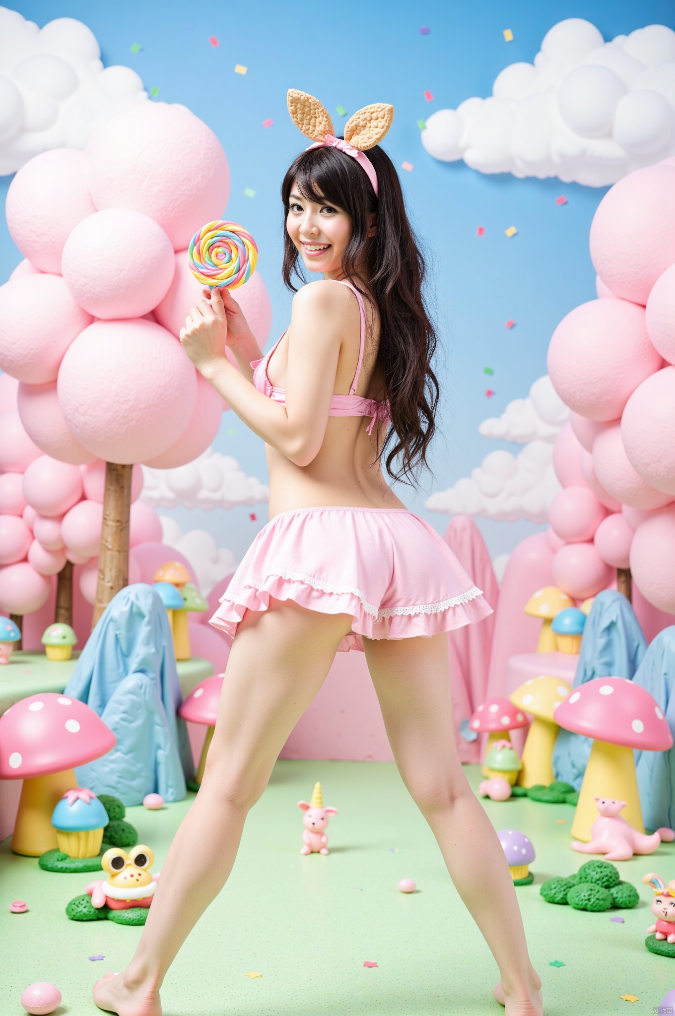 Create an enchanting fantasy landscape featuring a cheerful young asian woman in a pink bikini and a frilly skirt, playfully standing with her back to the viewer while holding a colorful swirl lollipop. She has long, wavy hair adorned with a headband that has cute, cookie-shaped bunny ears. The background is filled with oversized, fluffy pink cotton candy trees, vibrant candy mountains, and whimsical mushroom-shaped structures. Scattered throughout the scene are cheerful pastel-colored candies and playful cartoon character figurines, all under a bright blue sky dotted with fluffy clouds and colorful confetti-like elements falling gently. The overall atmosphere is sweet, playful, and vibrant, evoking a sense of fun and fantasy.
 <segment:yolo-face_yolov8m.pt,0.6,0.5//cid=1>
<segment:yolo-Eyeful_v2-Individual.pt,0.6,0.5//cid=2>
<segment:hair,0.6,0.5//cid=3>,Japanese.