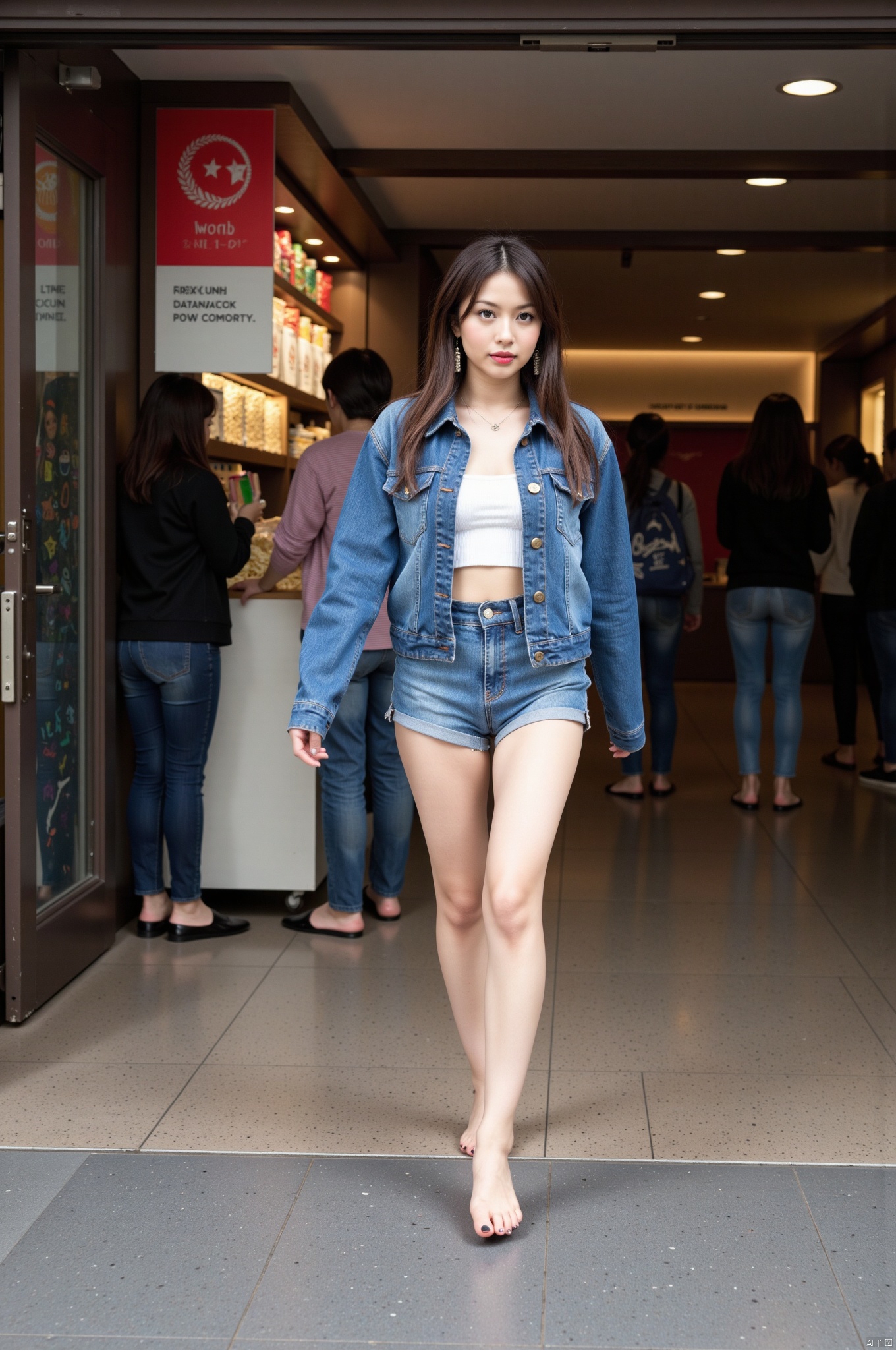 A girl, standing tall at 175cm with a stunning physique, is a model walking at the entrance of the Wanda Cinema. Her Korean-style makeup accentuates her beautiful face, while red lips and dangling earrings add a touch of allure. She is wearing a denim jacket paired with a white top and denim shorts, barefoot. Without shoes, her feet are painted with black nail polish. The model is at the entrance of the Wanda Cinema, with people in the background purchasing popcorn. Framed from the  front, the composition guides the viewer’s eye along her long legs and bare feet, highlighted by soft shadows and subtle lighting.,Japanese.