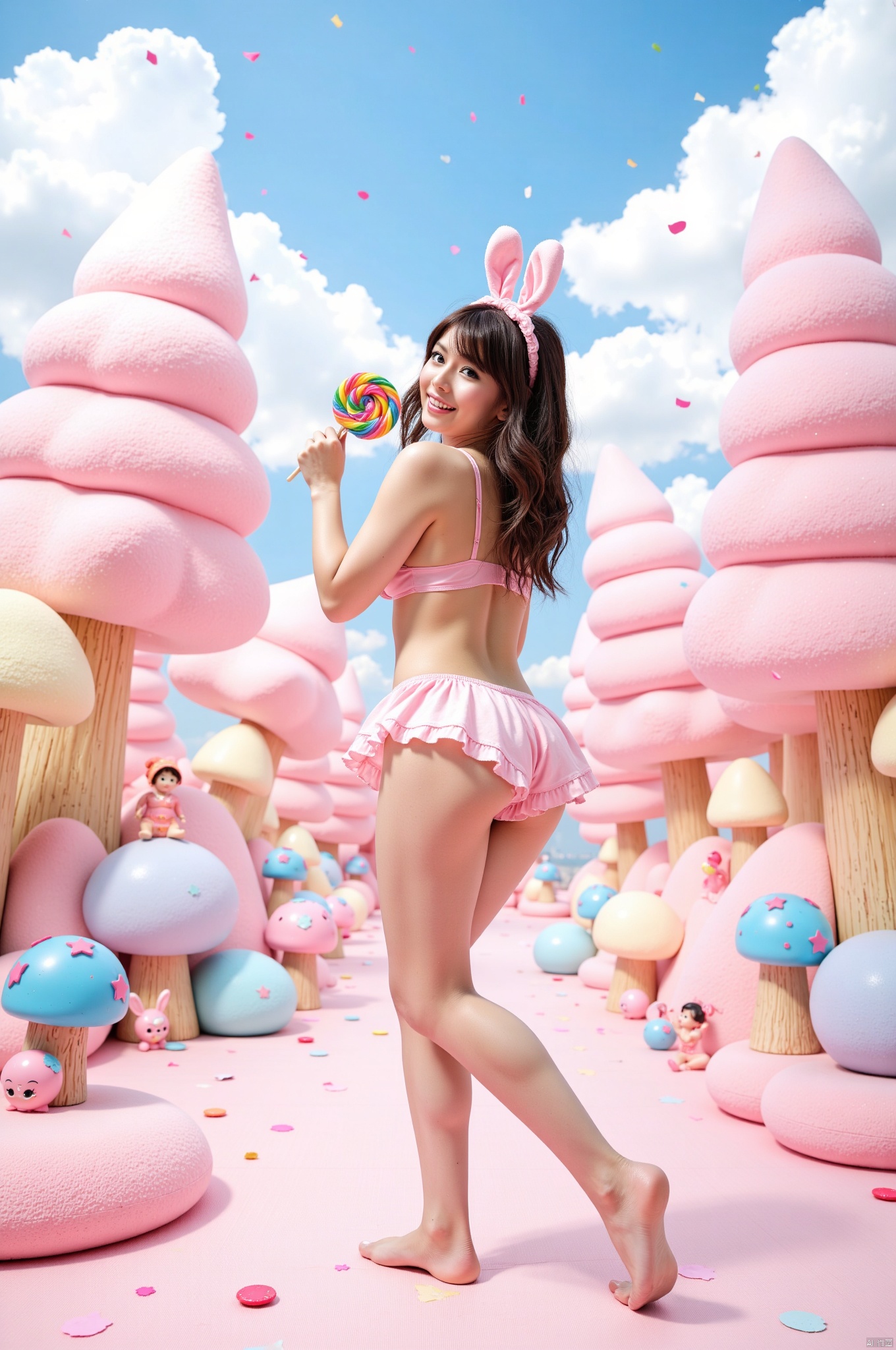 Create an enchanting fantasy landscape featuring a cheerful young asian woman in a pink bikini and a frilly skirt, playfully standing with her back to the viewer while holding a colorful swirl lollipop. She has long, wavy hair adorned with a headband that has cute, cookie-shaped bunny ears. The background is filled with oversized, fluffy pink cotton candy trees, vibrant candy mountains, and whimsical mushroom-shaped structures. Scattered throughout the scene are cheerful pastel-colored candies and playful cartoon character figurines, all under a bright blue sky dotted with fluffy clouds and colorful confetti-like elements falling gently. The overall atmosphere is sweet, playful, and vibrant, evoking a sense of fun and fantasy.
 <segment:yolo-face_yolov8m.pt,0.6,0.5//cid=1>
<segment:yolo-Eyeful_v2-Individual.pt,0.6,0.5//cid=2>
<segment:hair,0.6,0.5//cid=3>,Japanese.