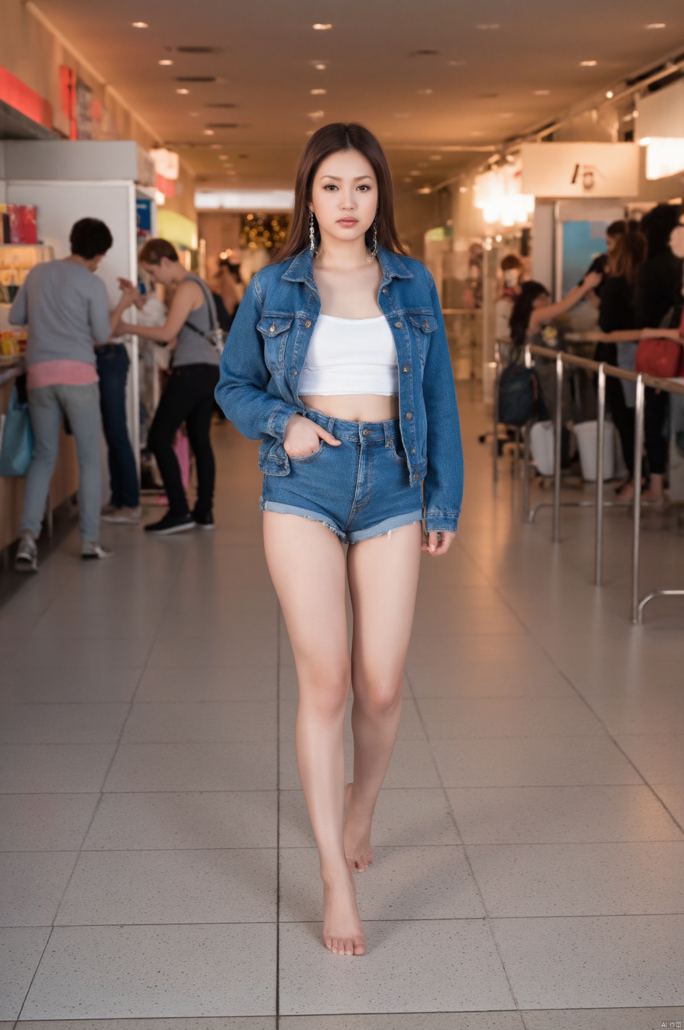 A girl, standing tall at 175cm with a stunning physique, is a model walking at the entrance of the Wanda Cinema. Her Korean-style makeup accentuates her beautiful face, while red lips and dangling earrings add a touch of allure. She is wearing a denim jacket paired with a white top and denim shorts, barefoot. Without shoes, her feet are painted with black nail polish. The model is at the entrance of the Wanda Cinema, with people in the background purchasing popcorn. Framed from the  front, the composition guides the viewer’s eye along her long legs and bare feet, highlighted by soft shadows and subtle lighting.,Japanese.