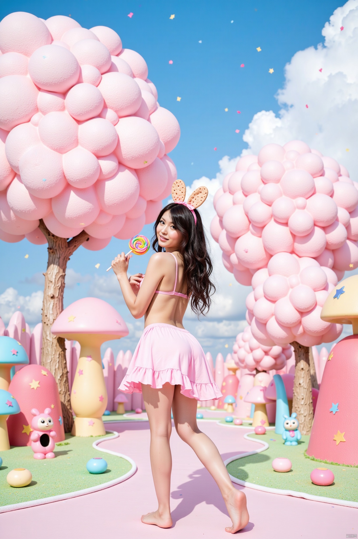Create an enchanting fantasy landscape featuring a cheerful young asian woman in a pink bikini and a frilly skirt, playfully standing with her back to the viewer while holding a colorful swirl lollipop. She has long, wavy hair adorned with a headband that has cute, cookie-shaped bunny ears. The background is filled with oversized, fluffy pink cotton candy trees, vibrant candy mountains, and whimsical mushroom-shaped structures. Scattered throughout the scene are cheerful pastel-colored candies and playful cartoon character figurines, all under a bright blue sky dotted with fluffy clouds and colorful confetti-like elements falling gently. The overall atmosphere is sweet, playful, and vibrant, evoking a sense of fun and fantasy.
 <segment:yolo-face_yolov8m.pt,0.6,0.5//cid=1>
<segment:yolo-Eyeful_v2-Individual.pt,0.6,0.5//cid=2>
<segment:hair,0.6,0.5//cid=3>,Japanese.