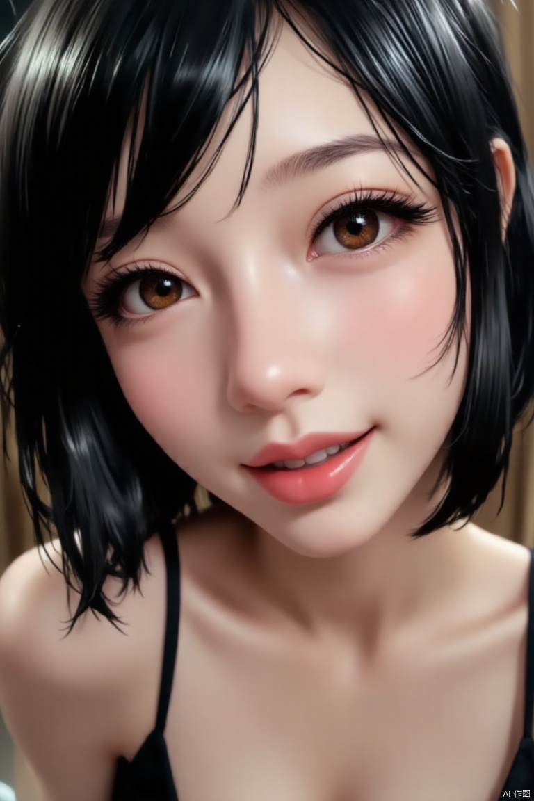 Detailed close-up of the face,exquisite facial features,1 lovely girl, solo, looking at viewer, short hair, laugh. black hair, brown eyes, upper body, parted lips, lips, realistic,elf,