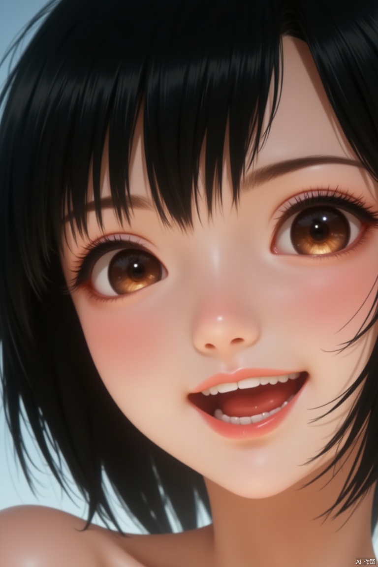Detailed close-up of the face,exquisite facial features,1 lovely girl, solo, looking at viewer, short hair, laugh. black hair, brown eyes, upper body, parted lips, lips, realistic,elf,