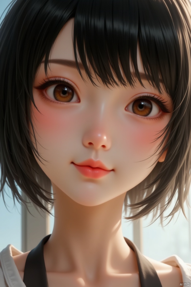 Detailed close-up of the face,exquisite facial features,1 lovely girl, solo, looking at viewer, short hair, laugh. black hair, brown eyes, upper body, parted lips, lips, realistic,elf,
