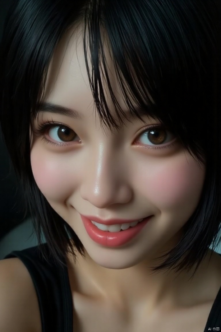 Detailed close-up of the face,exquisite facial features,1 lovely girl, solo, looking at viewer, short hair, laugh. black hair, brown eyes, upper body, parted lips, lips, realistic,elf,