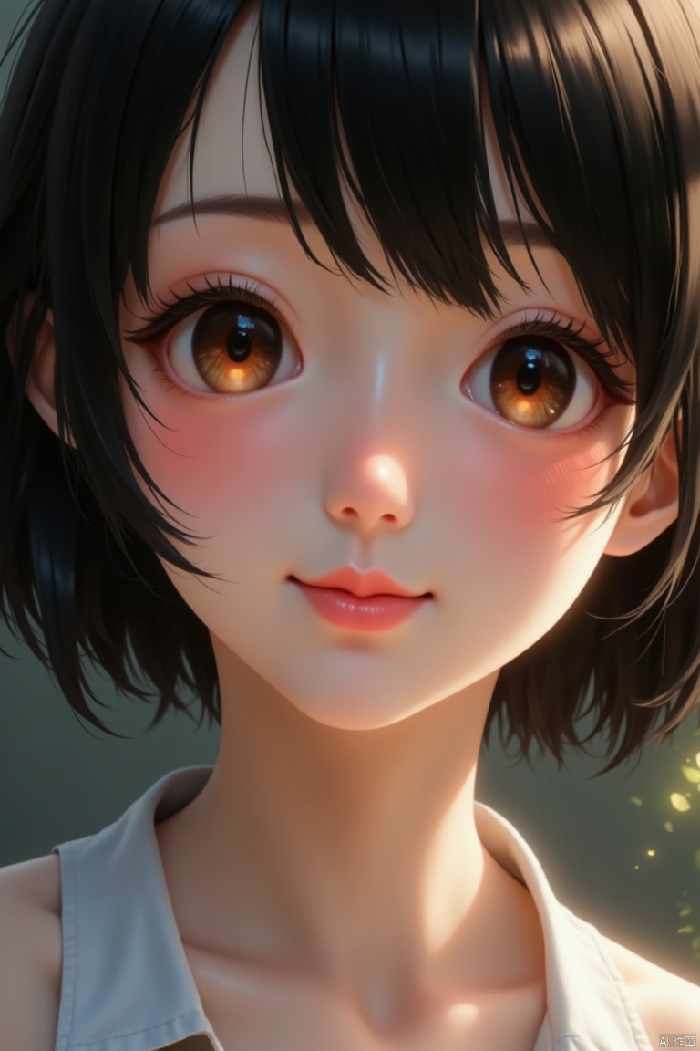Detailed close-up of the face,exquisite facial features,1 lovely girl, solo, looking at viewer, short hair, laugh. black hair, brown eyes, upper body, parted lips, lips, realistic,elf,