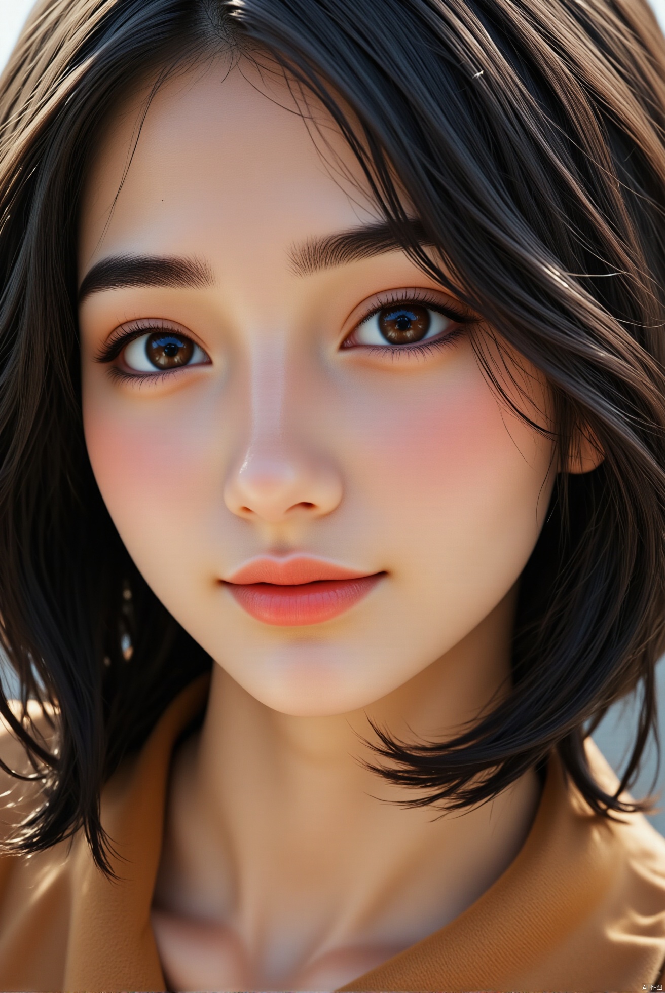 Detailed close-up of the face,exquisite facial features,1 lovely girl, solo, looking at viewer, short hair, laugh. black hair, brown eyes, upper body, parted lips, lips, realistic,elf,