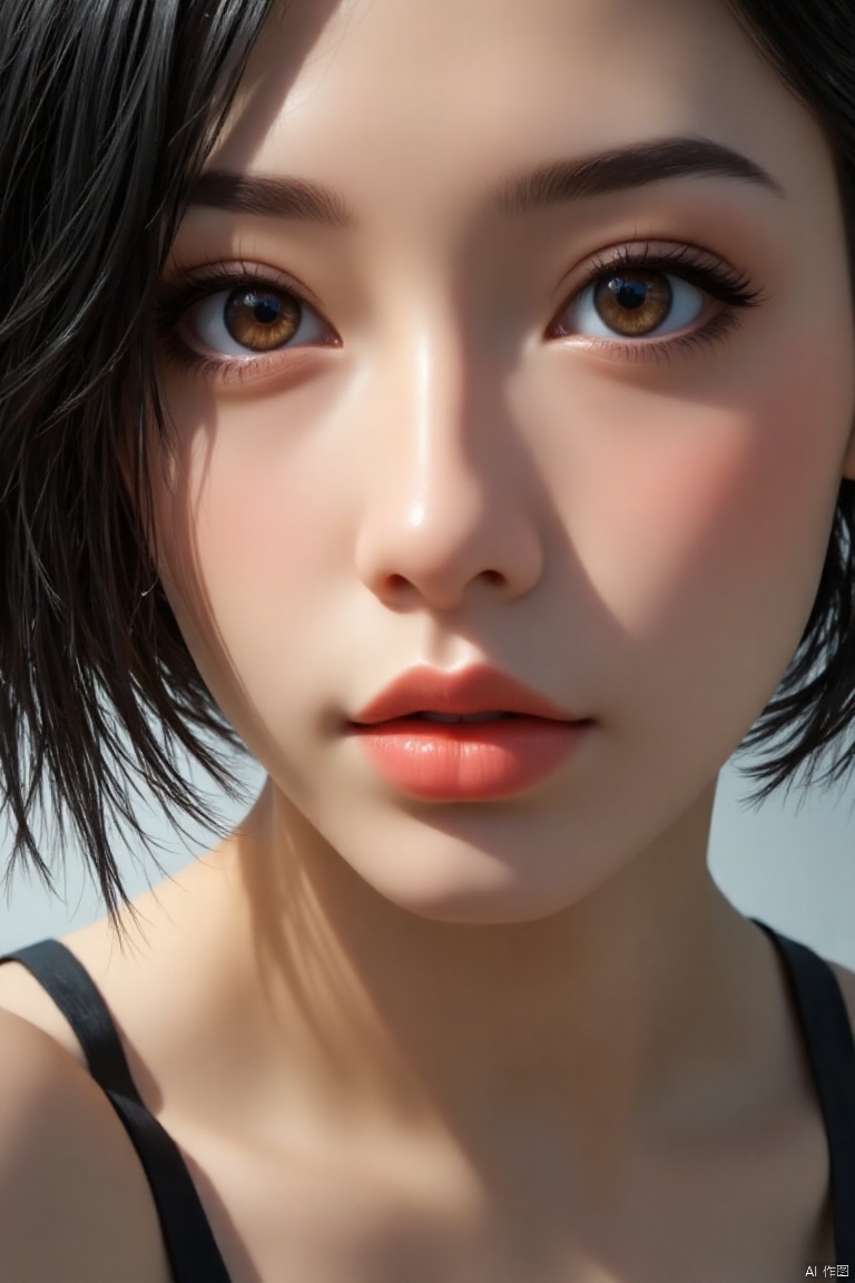 Detailed close-up of the face,exquisite facial features,1 lovely girl, solo, looking at viewer, short hair, black hair, brown eyes, upper body, parted lips, lips, realistic,elf,