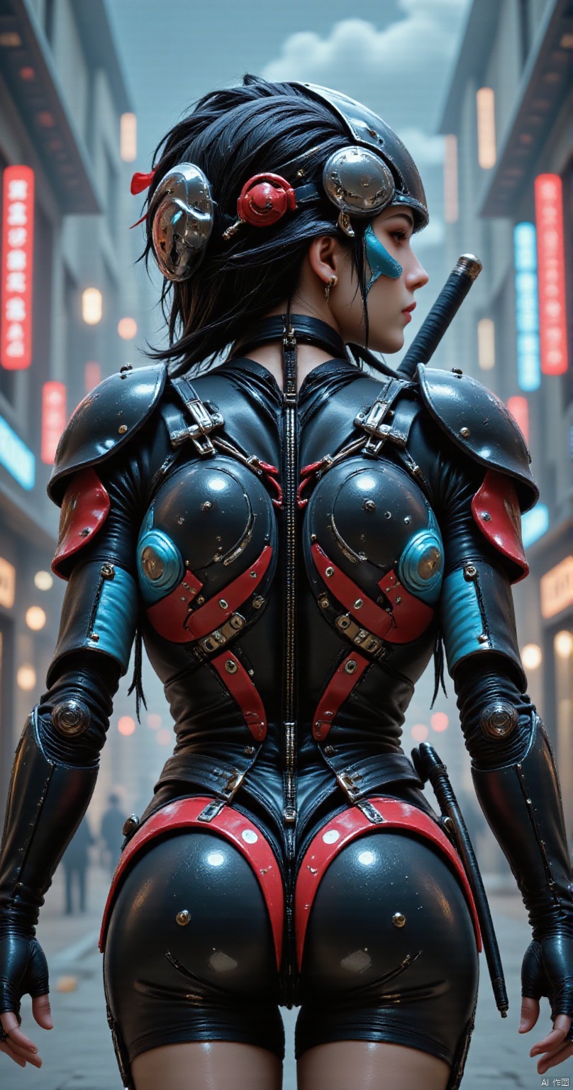 in the style of ck-sfc, female cyberpunk robot samurai, robot face with mirrored face shield, hyperdetailed helmet, flowing black hair, reflective black and neon red armor, robot joints, body made of metals, cables and wires, a katana strapped to her back, abstract background suggesting eastern temple. back view.,ASS SHINY SKIN,elf,