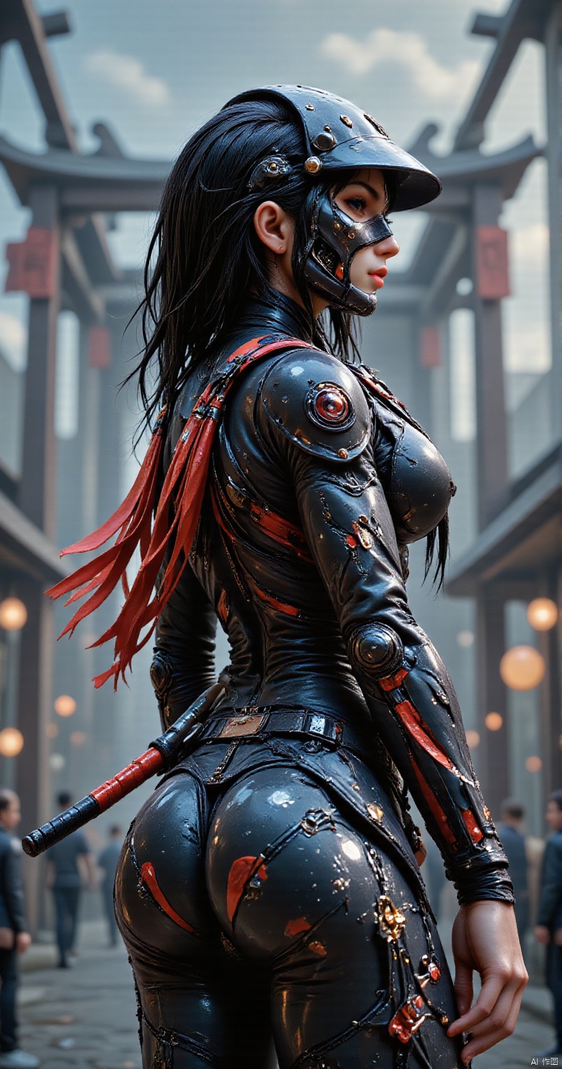 in the style of ck-sfc, female cyberpunk robot samurai, robot face with mirrored face shield, hyperdetailed helmet, flowing black hair, reflective black and neon red armor, robot joints, body made of metals, cables and wires, a katana strapped to her back, abstract background suggesting eastern temple. back view.,ASS SHINY SKIN,elf,