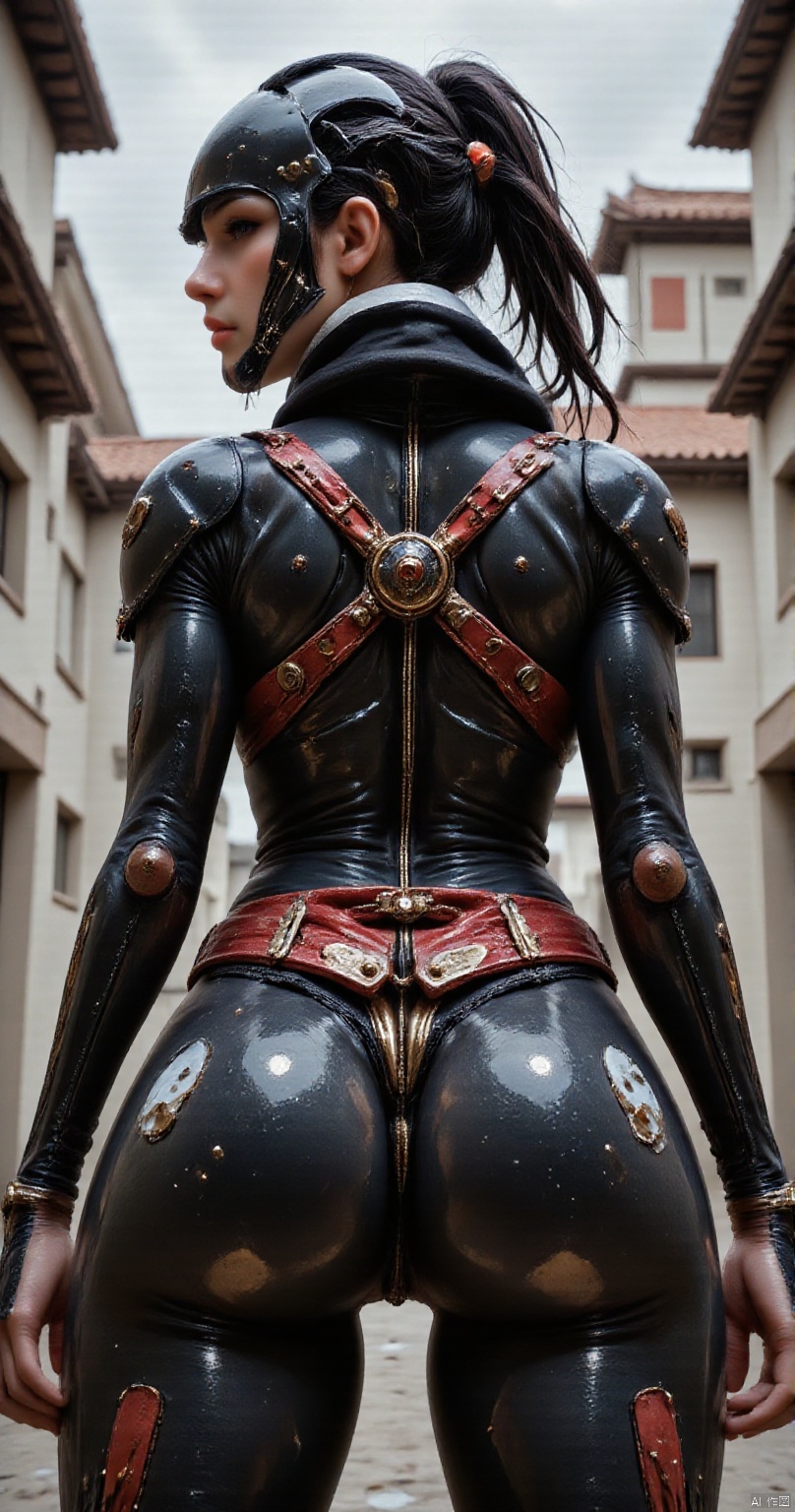 in the style of ck-sfc, female cyberpunk robot samurai, robot face with mirrored face shield, hyperdetailed helmet, flowing black hair, reflective black and neon red armor, robot joints, body made of metals, cables and wires, a katana strapped to her back, abstract background suggesting eastern temple. back view.,ASS SHINY SKIN,elf,,Posefup.