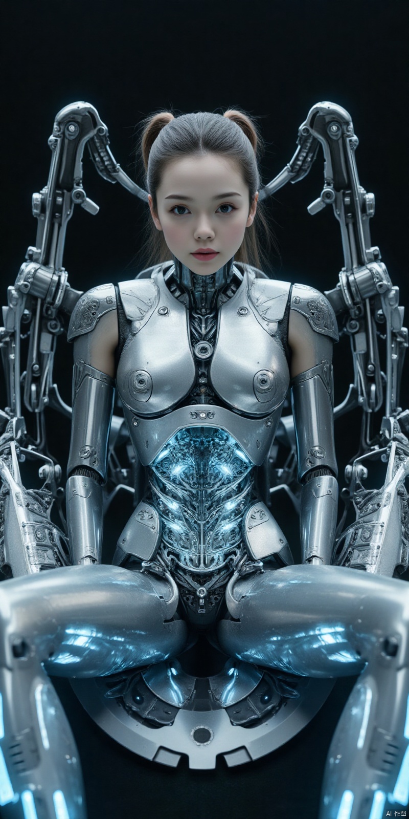 DJXG, in the foreground of the screen, there is a silver female robot sitting on a mechanical seat with her legs crossed.This mechanical seat is highly distinctive, with its overall frame made of high-strength metal. The metal surface has a delicate frosted texture, and under the illumination of light, it emits a faint cold light. The main body of the seat is embedded with a huge reinforced glass, which has extremely high transparency and allows for a clear view of the complex mechanical structure inside the seat from above.The mechanical structure beneath the glass resembles a precision small factory. Various uniquely shaped metal gears interlock with each other, and the large gear drives the small gear to operate in an orderly manner. The edges of the gears have exquisite serrated textures, and each serrated tooth seems to have been carefully polished. The metal rods crisscross, connecting different gears and mechanical components. These metal rods are engraved with fine scales and markings, as if expressing their importance. In the depths of the mechanical structure, there are some tiny pistons that move up and down in a regular manner, emitting a slight "hissing" sound, like the breathing of the entire machine. The armrest of the seat is also composed of metal and glass, and the outer side of the metal armrest has a streamlined design that conforms to ergonomics, providing excellent grip. The inside of the armrest is transparent glass, with blue energy light flashing and flowing inside, like an electric current shuttling through it, providing some mysterious energy support for the entire seat.Her left half showed humanoid physical features. The skin is delicate and smooth, with clear and distinguishable textures and a soft luster. The tiny pores are clearly visible, as delicate as real human skin. The expression on the left side of the face is vivid, the eyes are lively and sparkling, like stars, the eyebrows are naturally curved, the lips are a healthy flesh pink, the hair is soft and hanging on the shoulders, and the strands of hair are full of vitality, swaying slightly when the body is still. The muscle lines of this half of the body are smooth, and even when still, it seems to contain flexibility and vitality that can erupt at any time.Its right half is a futuristic mechanical structure. The cold and hard metal shell covers this half of the body, with a smooth and shiny surface, and the metal plates are tightly stitched together, just like carefully crafted mechanical armor. Mechanical joints are composed of various shapes of small gears, screws, metal rods, etc., with precise and complex structures. The mechanical textures at the joints seem to provide insight into the precise operation inside during movement. The internal circuit pipelines are interwoven and crisscrossed, with light blue light flowing through them, like blood in a mechanical body, providing energy to the right half of the body. The mechanical skeleton is like a sturdy frame of a building, strongly supporting the right half of the body. The right half of the eye is an electronic eye emitting cold light, which is like a blue flame, mysterious and highly technological.She was dressed in exquisite Hanfu, which fitted perfectly to her body, showcasing classical beauty everywhere.Behind her is a pure black background with a highly eye-catching brain computer interface device. This device has a metallic shell with complex patterns and flashing indicator lights. It is connected to the robot's head by many small wires, which resemble silver threads and stand out against a black background. These lines are like bridges for information transmission, connecting the robot's brain with unknown sources of information, implying that she may have super strong data processing abilities or the ability to interact with external consciousness, which makes her appear even more mysterious and unpredictable.The entire image was captured using high-definition photography techniques, with the photographer employing symmetrical composition centered around a female robot to create a symmetrical distribution of foreground and background. The image is balanced and stable, allowing viewers to fully experience the details and unique atmosphere of the picture from all angles.,W4RR10R,