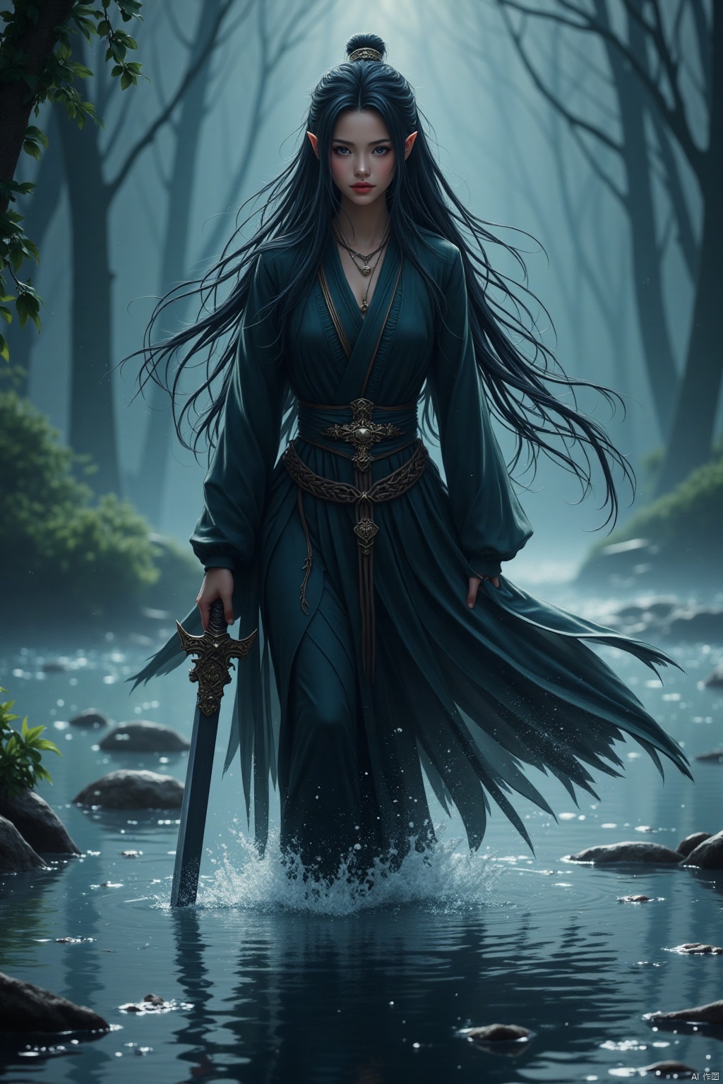 A beautiful Chinese-style girl with long black hair, her eyes are determined, and she holds a long sword in her hand, like a night elf, slowly walking from the water