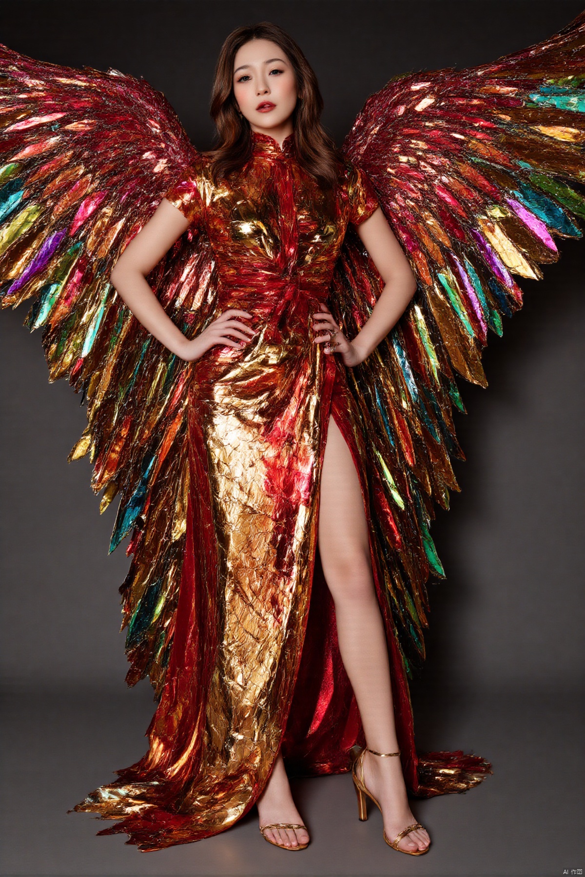 ZOZ_XUANHUAN
a woman is wearing a colorful, mirrored wings dress, in the style of global illumination, life-like avian illustrations, new british sculpture, unreal engine 5, stained-glass, light gold and red, high speed film,AESTHETIC_POSE, DYNAMIC_POSE,,DRAMATIC_LIGHTNING,,ELIZABETH OLSEN