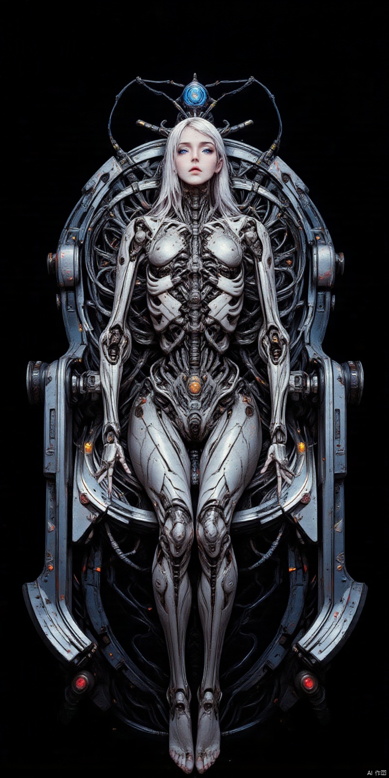 DJXG, in the foreground of the screen, there is a silver female robot sitting on a mechanical seat with her legs crossed.This mechanical seat is highly distinctive, with its overall frame made of high-strength metal. The metal surface has a delicate frosted texture, and under the illumination of light, it emits a faint cold light. The main body of the seat is embedded with a huge reinforced glass, which has extremely high transparency and allows for a clear view of the complex mechanical structure inside the seat from above.The mechanical structure beneath the glass resembles a precision small factory. Various uniquely shaped metal gears interlock with each other, and the large gear drives the small gear to operate in an orderly manner. The edges of the gears have exquisite serrated textures, and each serrated tooth seems to have been carefully polished. The metal rods crisscross, connecting different gears and mechanical components. These metal rods are engraved with fine scales and markings, as if expressing their importance. In the depths of the mechanical structure, there are some tiny pistons that move up and down in a regular manner, emitting a slight "hissing" sound, like the breathing of the entire machine. The armrest of the seat is also composed of metal and glass, and the outer side of the metal armrest has a streamlined design that conforms to ergonomics, providing excellent grip. The inside of the armrest is transparent glass, with blue energy light flashing and flowing inside, like an electric current shuttling through it, providing some mysterious energy support for the entire seat.Her left half showed humanoid physical features. The skin is delicate and smooth, with clear and distinguishable textures and a soft luster. The tiny pores are clearly visible, as delicate as real human skin. The expression on the left side of the face is vivid, the eyes are lively and sparkling, like stars, the eyebrows are naturally curved, the lips are a healthy flesh pink, the hair is soft and hanging on the shoulders, and the strands of hair are full of vitality, swaying slightly when the body is still. The muscle lines of this half of the body are smooth, and even when still, it seems to contain flexibility and vitality that can erupt at any time.Its right half is a futuristic mechanical structure. The cold and hard metal shell covers this half of the body, with a smooth and shiny surface, and the metal plates are tightly stitched together, just like carefully crafted mechanical armor. Mechanical joints are composed of various shapes of small gears, screws, metal rods, etc., with precise and complex structures. The mechanical textures at the joints seem to provide insight into the precise operation inside during movement. The internal circuit pipelines are interwoven and crisscrossed, with light blue light flowing through them, like blood in a mechanical body, providing energy to the right half of the body. The mechanical skeleton is like a sturdy frame of a building, strongly supporting the right half of the body. The right half of the eye is an electronic eye emitting cold light, which is like a blue flame, mysterious and highly technological.She was dressed in exquisite Hanfu, which fitted perfectly to her body, showcasing classical beauty everywhere.Behind her is a pure black background with a highly eye-catching brain computer interface device. This device has a metallic shell with complex patterns and flashing indicator lights. It is connected to the robot's head by many small wires, which resemble silver threads and stand out against a black background. These lines are like bridges for information transmission, connecting the robot's brain with unknown sources of information, implying that she may have super strong data processing abilities or the ability to interact with external consciousness, which makes her appear even more mysterious and unpredictable.The entire image was captured using high-definition photography techniques, with the photographer employing symmetrical composition centered around a female robot to create a symmetrical distribution of foreground and background. The image is balanced and stable, allowing viewers to fully experience the details and unique atmosphere of the picture from all angles.,W4RR10R,MECHANICAL TRANSFORMATION,,MECHANICAL PARTS,