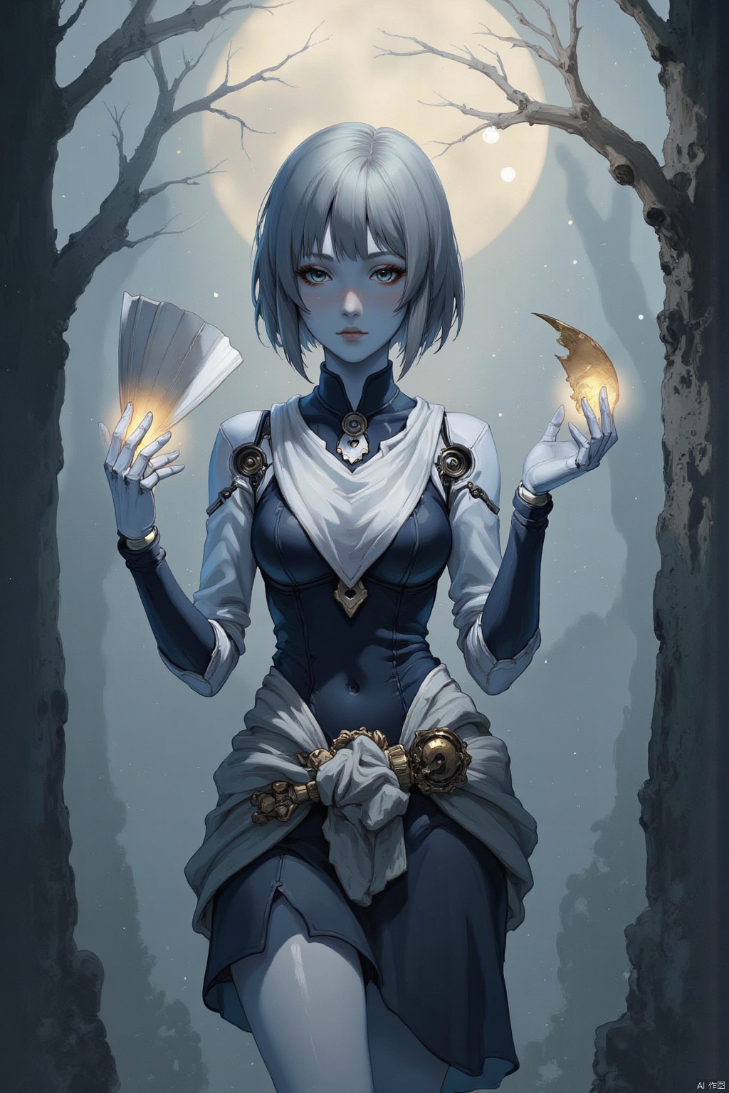 In this cinematic shot, a KSN-type Raven robot soldier, adorned with ancient Chinese attire and mechanical prosthetic limb, stands amidst a hazy and blurry forest background, illuminated by the soft glow of raindrops. The female warrior's scarf flows in the misty air as she holds two swords with glowing effects, arranged in a circular array resembling a fan shape. A mystical energy emanates from her hands, surrounding her with an aura of mystery. In the distance, sparkling golden paper floats suspended in mid-air, while volume fog shrouds the atmosphere, evoking a sense of otherworldly wonder. The scene is set against a damp and rainy forest, where magic power and special effects converge to create an breathtaking cinematic masterpiece, complete with movie filters and atmospheric sound design.breasts,dlrb,qihuanmopan,hkgod,mohuan,huge Breasts,cleavage,dlls,dlls,W4RR10R,