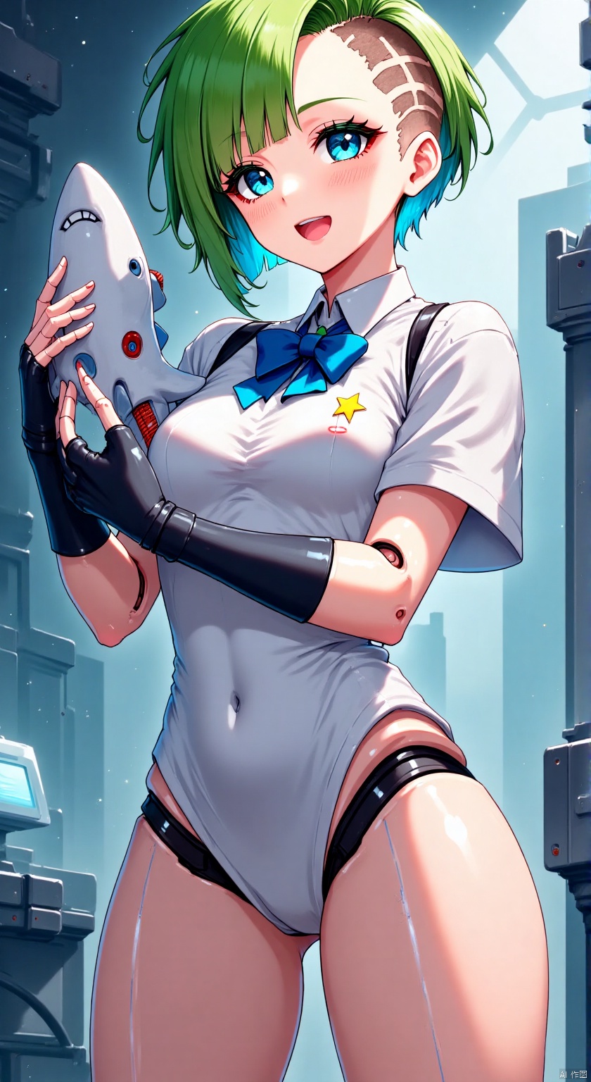 1girl, solo, looking at viewer, smile, open mouth, blue eyes, shirt, hair ornament, gloves, bow, holding, white shirt, ahoge, hair bow, green hair, shorts, teeth, black gloves, fingerless gloves, star \(symbol\), two side up, thigh strap, blue bow, stuffed toy, stuffed animal, sharp teeth, bandaid, stitches, bandaid on leg, shark, sticker, stuffed shark ,       depth of field, light particles, lens flare, (artist:quasarcake:0.8),extreme aesthetic,(wlop:0.6), wanke,rella,wanke,masterpiece,best quality,good quality,newest ,year 2024, year 2023, very aesthetic,absurdres,Visual impact,Electromotive force, perspective composition, A shot with tension, ultra-high resolution,32K UHD,sharp focus,best quality,masterpiece,Emotionalization masterpiece, unconventional supreme,masterful details,with a high end texture,in the style of fashion photography, (Visual impact:1.2),giving the poster a dynamic and visually striking appearance,impactful picture,offcial art,colorful,splash of color, movie perspective, masterpiece,best quality,amazing quality,very aesthetic,absurdres,best quality,newest,qxsy,W4RR10R,