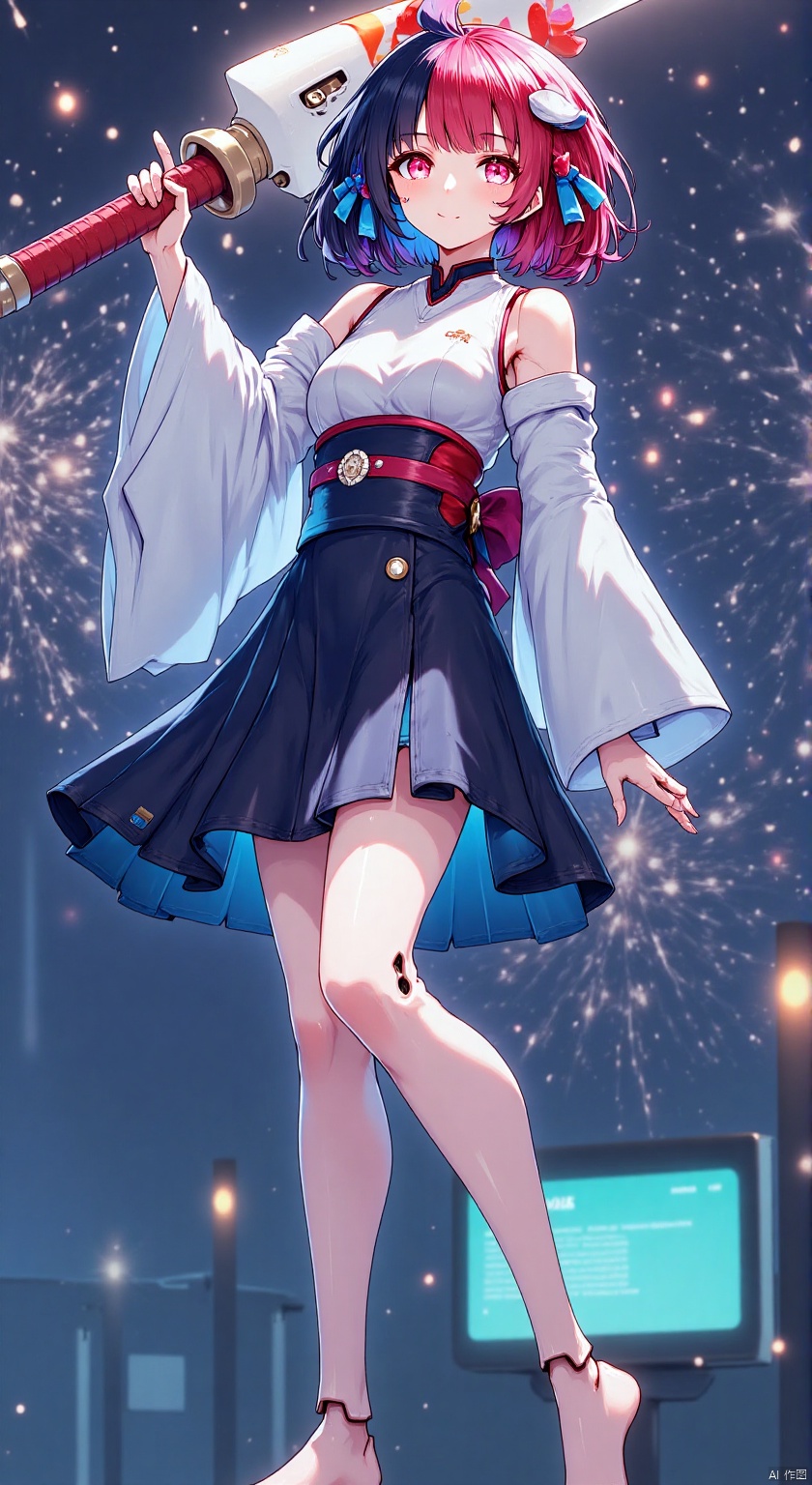1girl, solo, long hair, looking at viewer, smile, bangs, black hair, ribbon, holding, bare shoulders, twintails, standing, red hair, multicolored hair, japanese clothes, shoes, barefoot, looking back, wide sleeves, pink eyes, kimono, from behind, feet, red ribbon, mask, toes, night, soles, standing on one leg, mask on head, fox mask, shoes removed, fireworks, holding shoes
  ,backlighting,blue and white theme,depth of field,cinematic lighting,light particles,lens flare,
(artist:quasarcake:0.8),extreme aesthetic,(wlop:0.6),masterpiece,best quality,good quality,newest,year 2024,year 2023,very aesthetic,absurdres,Visual impact,A shot with tension,
ultra-high resolution,32K UHD,sharp focus,best-quality,masterpiece,Emotionalization,unconventional supreme masterpiece,masterful details,temperate atmosphere,with a high-end texture,in  the style of fashion photography,
(Visual impact:1.2),giving the poster a dynamic and visually striking appearance,impactful picture,offcial art,colorful,splash of color,movie perspective,
masterpiece,best quality,amazing quality,very aesthetic,absurdres,best quality,newest,W4RR10R,hold huge sword.
