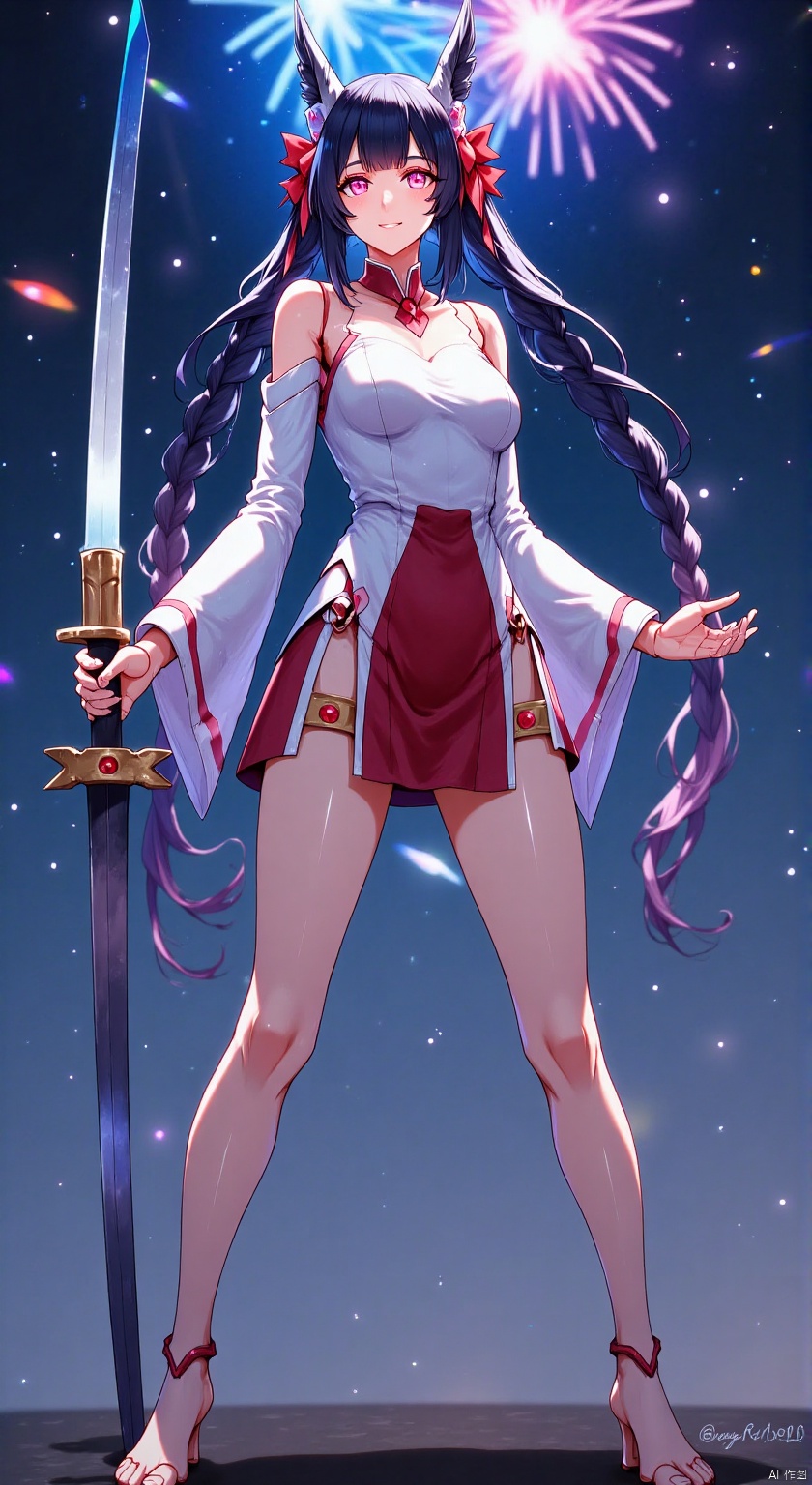 1girl, solo, long hair, looking at viewer, smile, bangs, black hair, ribbon, holding, bare shoulders, twintails, standing, red hair, multicolored hair, japanese clothes, shoes, barefoot, looking back, wide sleeves, pink eyes, kimono, from behind, feet, red ribbon, mask, toes, night, soles, standing on one leg, mask on head, fox mask, shoes removed, fireworks, holding shoes
  ,backlighting,blue and white theme,depth of field,cinematic lighting,light particles,lens flare,
(artist:quasarcake:0.8),extreme aesthetic,(wlop:0.6),masterpiece,best quality,good quality,newest,year 2024,year 2023,very aesthetic,absurdres,Visual impact,A shot with tension,
ultra-high resolution,32K UHD,sharp focus,best-quality,masterpiece,Emotionalization,unconventional supreme masterpiece,masterful details,temperate atmosphere,with a high-end texture,in  the style of fashion photography,
(Visual impact:1.2),giving the poster a dynamic and visually striking appearance,impactful picture,offcial art,colorful,splash of color,movie perspective,
masterpiece,best quality,amazing quality,very aesthetic,absurdres,best quality,newest,W4RR10R,hold huge sword.
