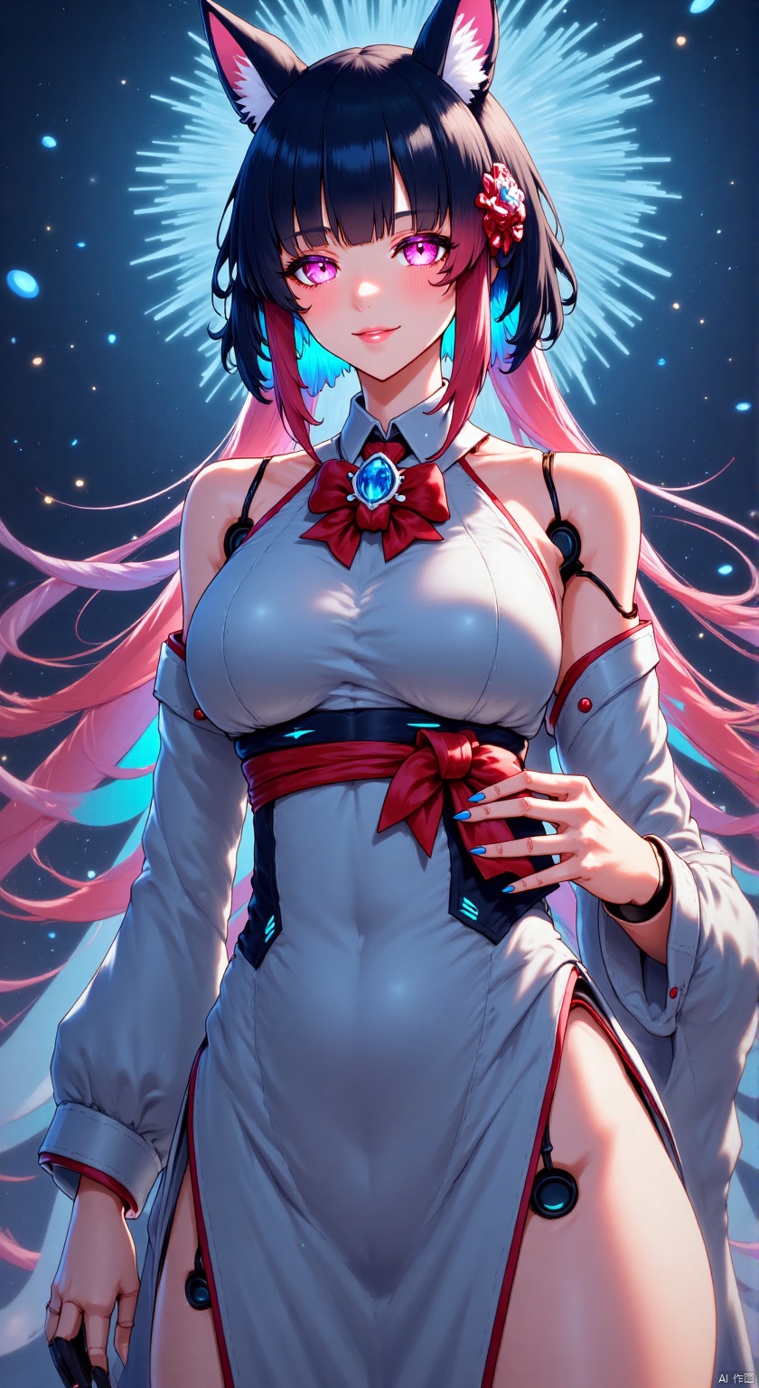 1girl, solo, long hair, looking at viewer, smile, bangs, black hair, ribbon, holding, bare shoulders, twintails, standing, red hair, multicolored hair, japanese clothes, shoes, barefoot, looking back, wide sleeves, pink eyes, kimono, from behind, feet, red ribbon, mask, toes, night, soles, standing on one leg, mask on head, fox mask, shoes removed, fireworks, holding shoes
  ,backlighting,blue and white theme,depth of field,cinematic lighting,light particles,lens flare,
(artist:quasarcake:0.8),extreme aesthetic,(wlop:0.6),masterpiece,best quality,good quality,newest,year 2024,year 2023,very aesthetic,absurdres,Visual impact,A shot with tension,
ultra-high resolution,32K UHD,sharp focus,best-quality,masterpiece,Emotionalization,unconventional supreme masterpiece,masterful details,temperate atmosphere,with a high-end texture,in  the style of fashion photography,
(Visual impact:1.2),giving the poster a dynamic and visually striking appearance,impactful picture,offcial art,colorful,splash of color,movie perspective,
masterpiece,best quality,amazing quality,very aesthetic,absurdres,best quality,newest,W4RR10R,hold huge sword.