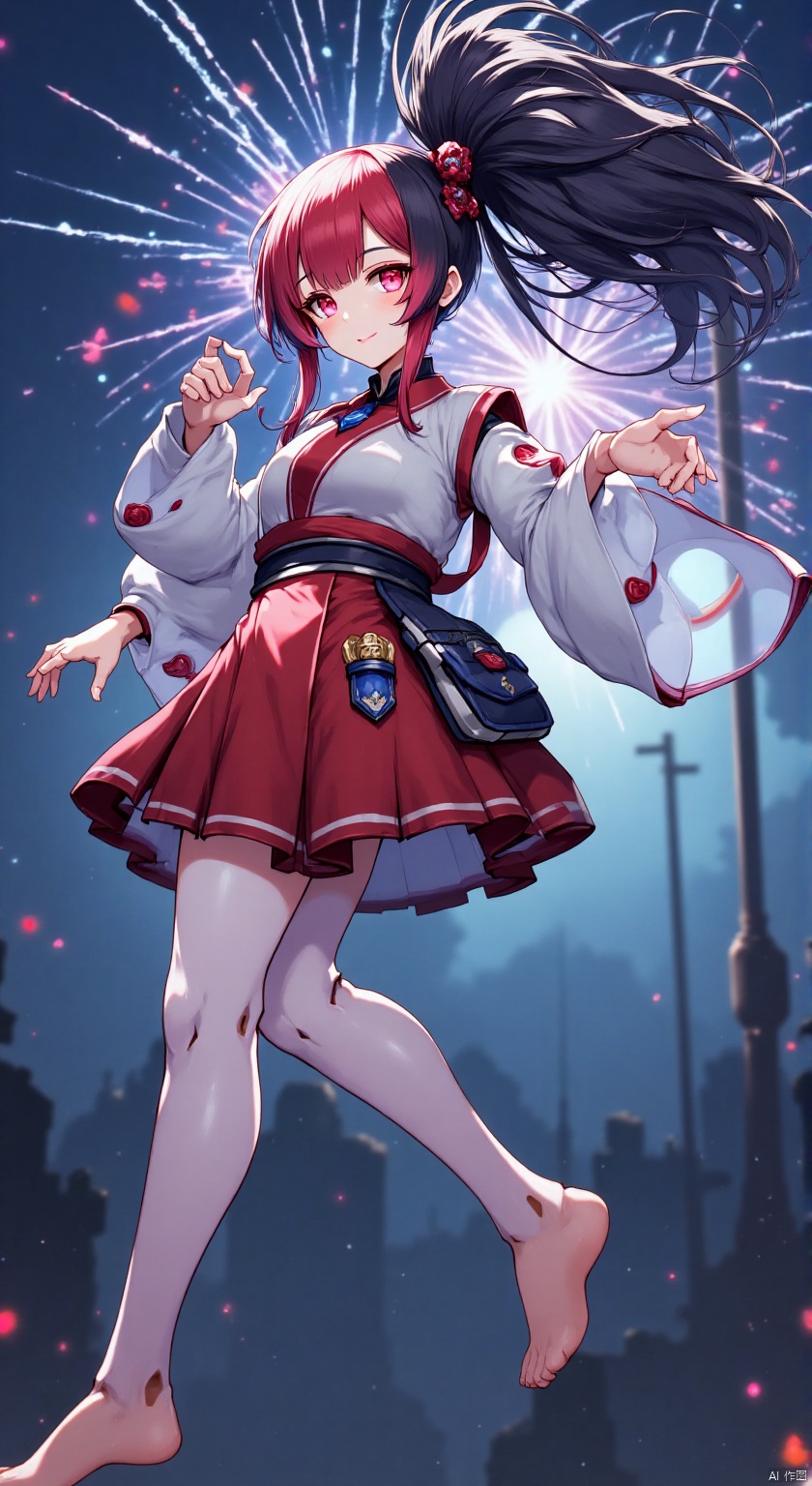 1girl, solo, long hair, looking at viewer, smile, bangs, black hair, ribbon, holding, bare shoulders, twintails, standing, red hair, multicolored hair, japanese clothes, shoes, barefoot, looking back, wide sleeves, pink eyes, kimono, from behind, feet, red ribbon, mask, toes, night, soles, standing on one leg, mask on head, fox mask, shoes removed, fireworks, holding shoes
  ,backlighting,blue and white theme,depth of field,cinematic lighting,light particles,lens flare,
(artist:quasarcake:0.8),extreme aesthetic,(wlop:0.6),masterpiece,best quality,good quality,newest,year 2024,year 2023,very aesthetic,absurdres,Visual impact,A shot with tension,
ultra-high resolution,32K UHD,sharp focus,best-quality,masterpiece,Emotionalization,unconventional supreme masterpiece,masterful details,temperate atmosphere,with a high-end texture,in  the style of fashion photography,
(Visual impact:1.2),giving the poster a dynamic and visually striking appearance,impactful picture,offcial art,colorful,splash of color,movie perspective,
masterpiece,best quality,amazing quality,very aesthetic,absurdres,best quality,newest,W4RR10R,