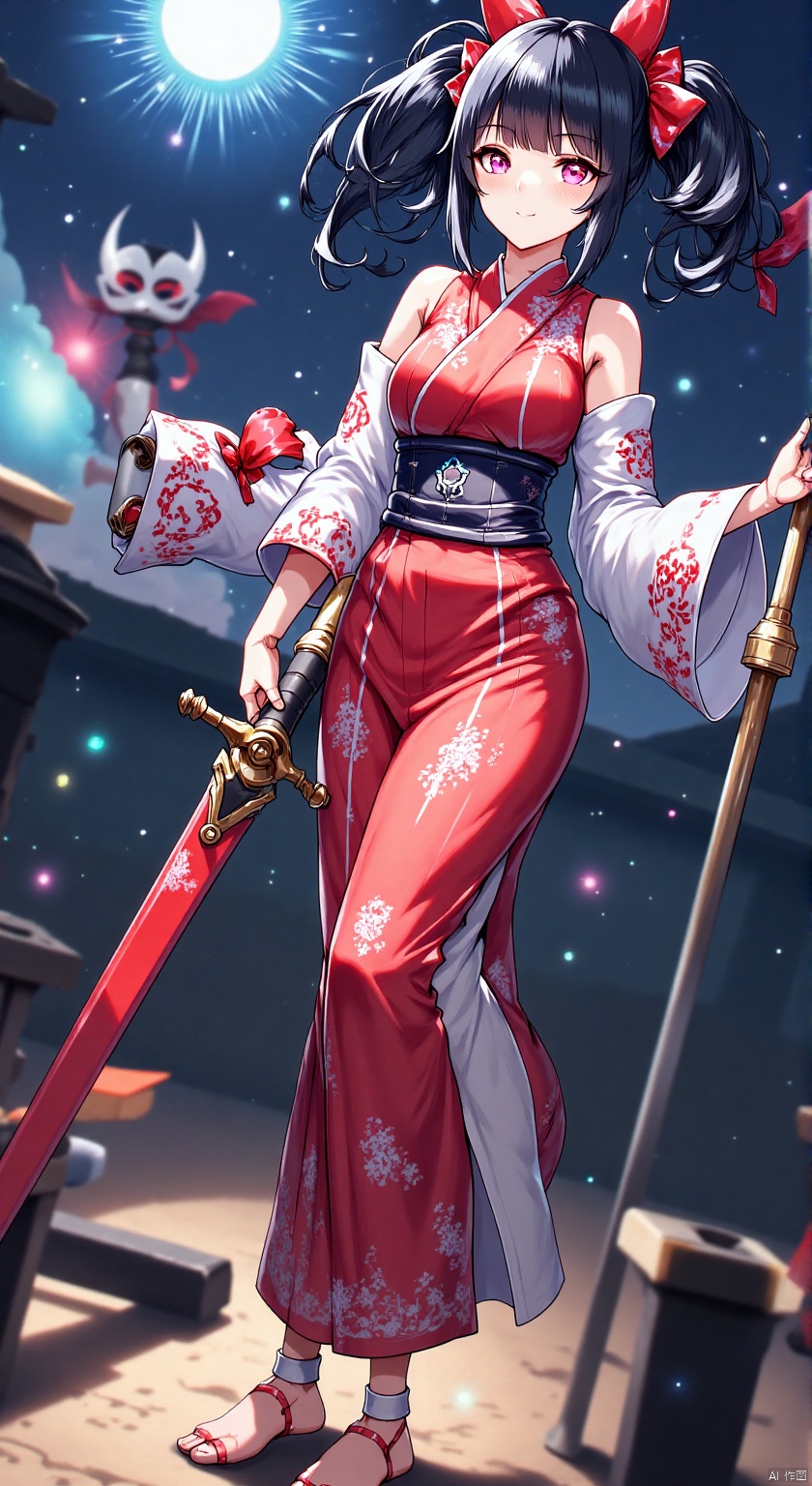 1girl, solo, long hair, looking at viewer, smile, bangs, black hair, ribbon, holding, bare shoulders, twintails, standing, red hair, multicolored hair, japanese clothes, shoes, barefoot, looking back, wide sleeves, pink eyes, kimono, from behind, feet, red ribbon, mask, toes, night, soles, standing on one leg, mask on head, fox mask, shoes removed, fireworks, holding shoes,W4RR10R,hold huge sword.