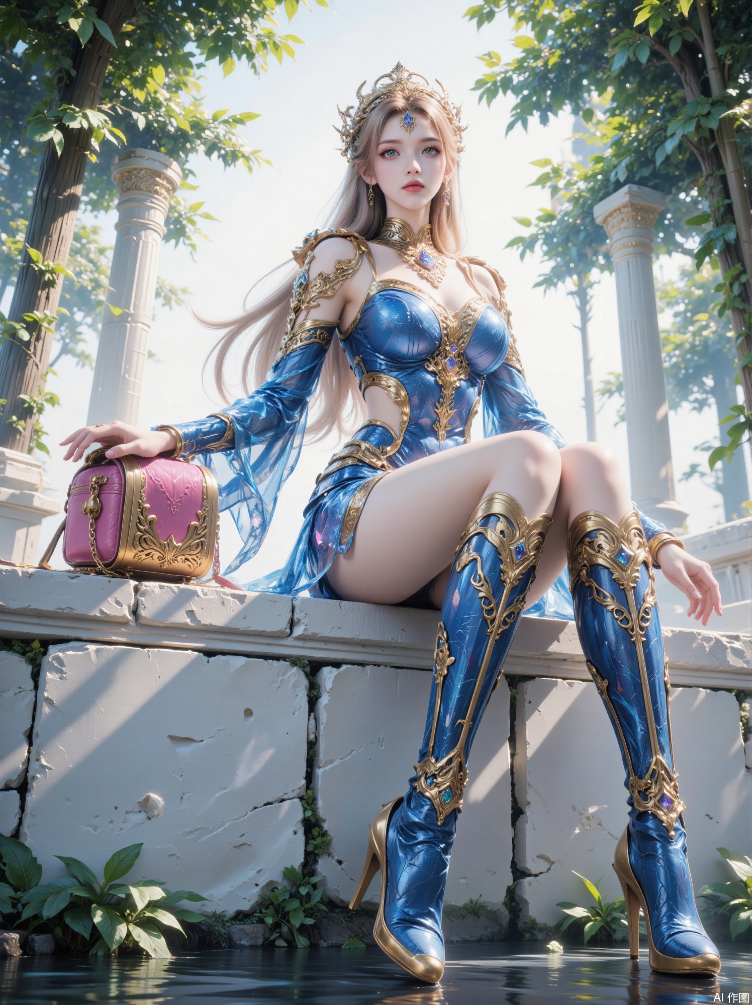 The image depicts a digitally rendered character sitting on a white stone structure. The character is adorned in an elaborate outfit featuring a blue and gold ensemble with intricate patterns and embellishments. The character has long, flowing blonde hair and is wearing a golden crown. The outfit includes a short blue top with gold accents, a short blue skirt with gold trim, and ornate golden arm and leg accessories. The character is also wearing large, stylish boots with blue and gold designs. The background shows a bright, natural setting with sunlight filtering through trees, creating a serene and ethereal atmosphere. There is a pink and gold bag placed on the stone structure next to the character.